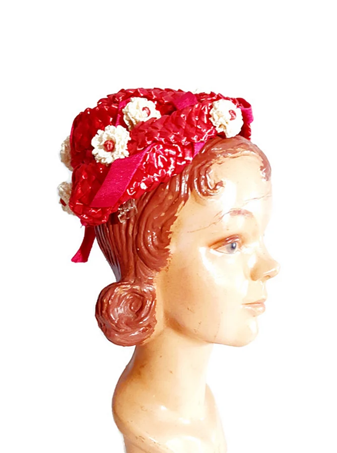 50s Bright Pink Small Pill Box Straw Hat With Flowers By Mary K Original - Image 4