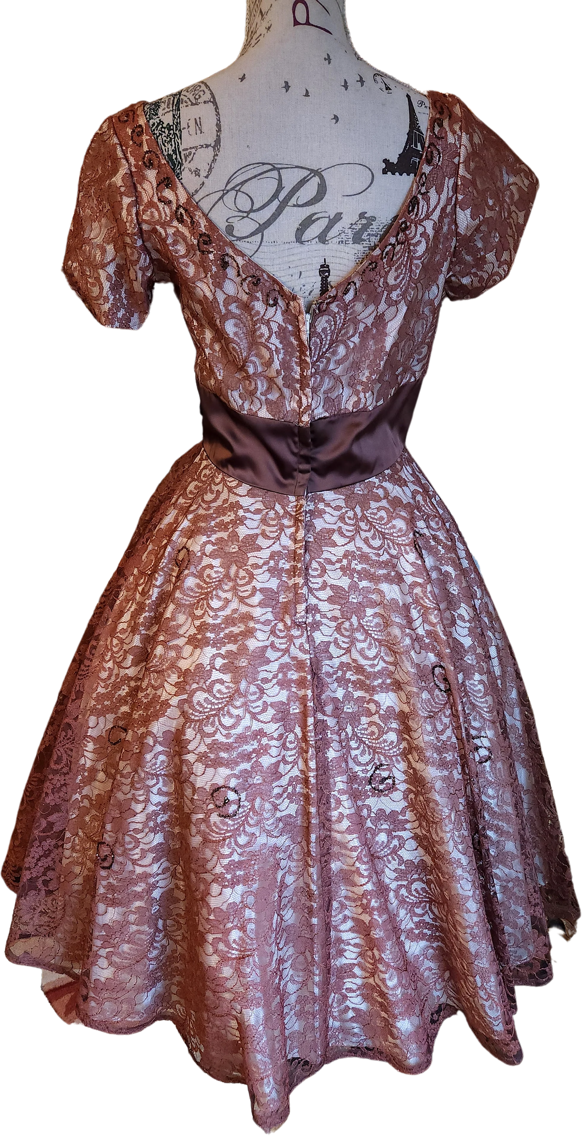 50s Brown Lace And Satin Fit And Flare Party Dress - Image 2