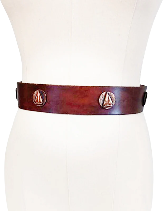 50s Brown Leather Wide Belt With Copper Sail Boats - Image 2