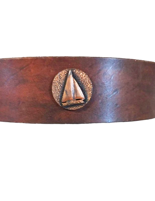 50s Brown Leather Wide Belt With Copper Sail Boats - Image 5