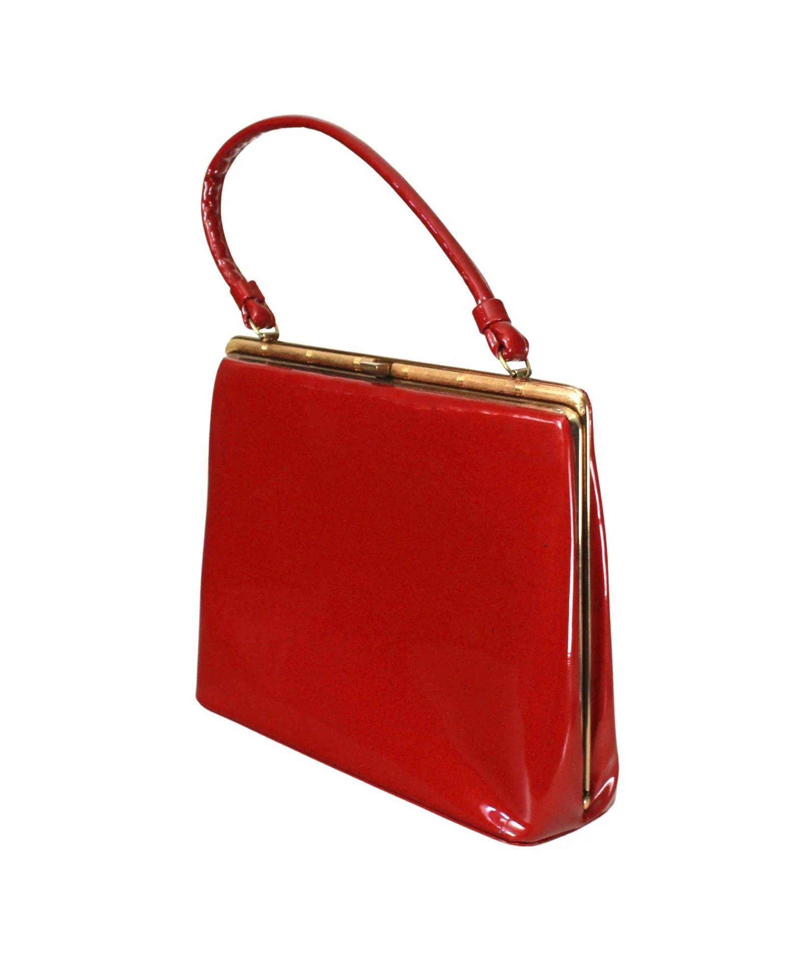 50s Candy Apple Red Patent Leather Kelly Handbag - Image 3