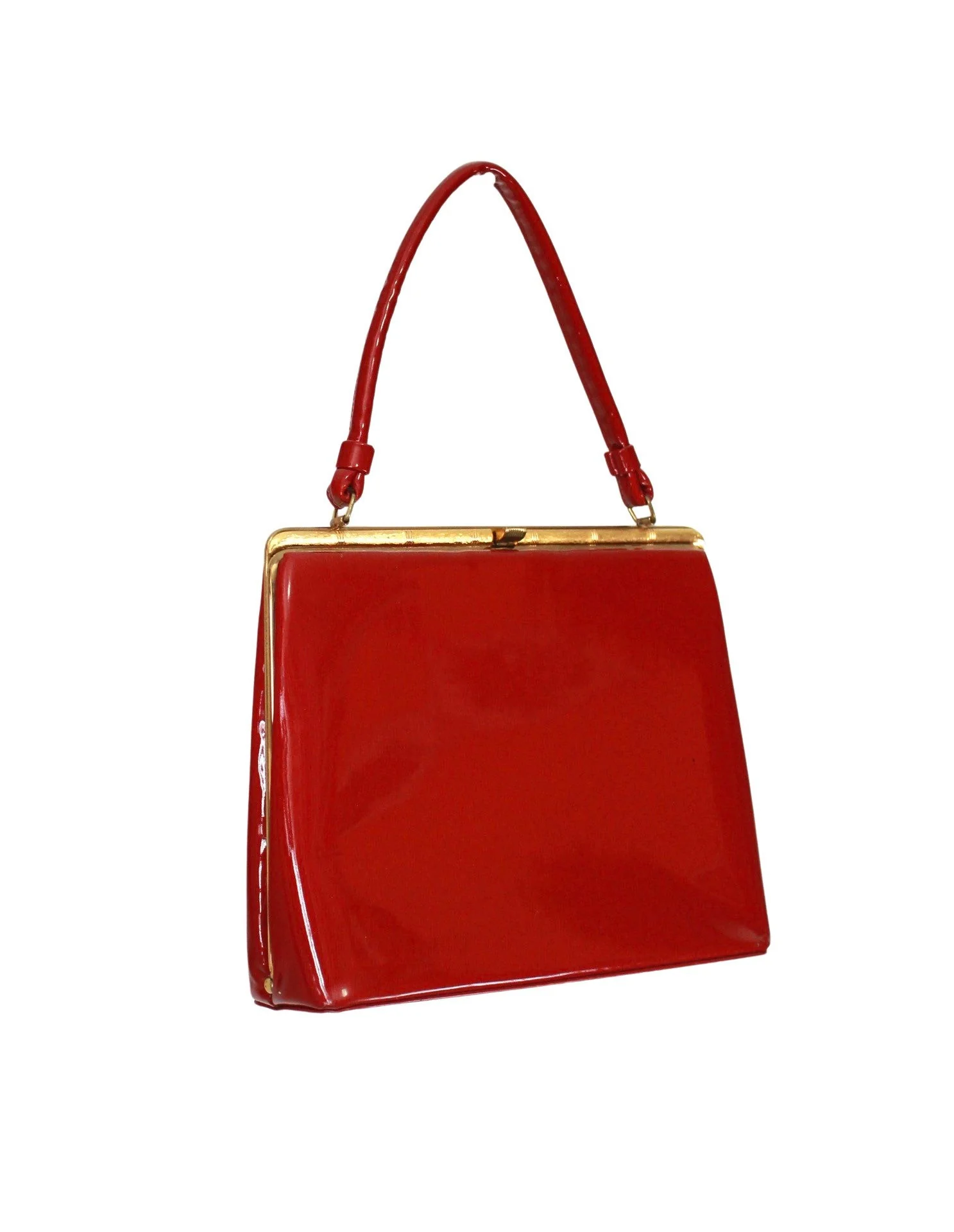 50s Candy Apple Red Patent Leather Kelly Handbag - Image 6