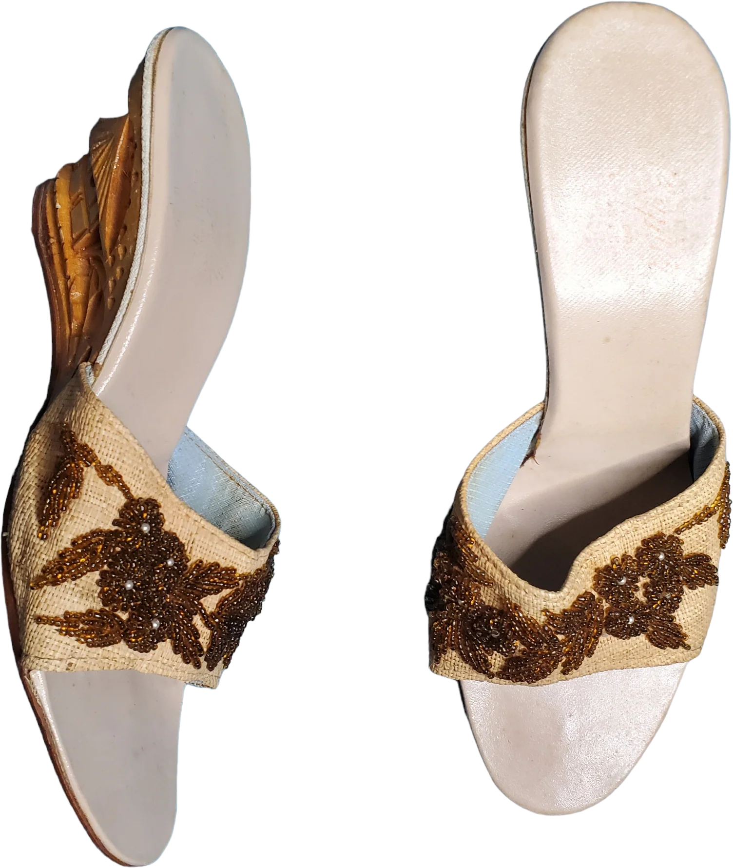 50s Carved Wooden Wedge Embellished Slide Sandals