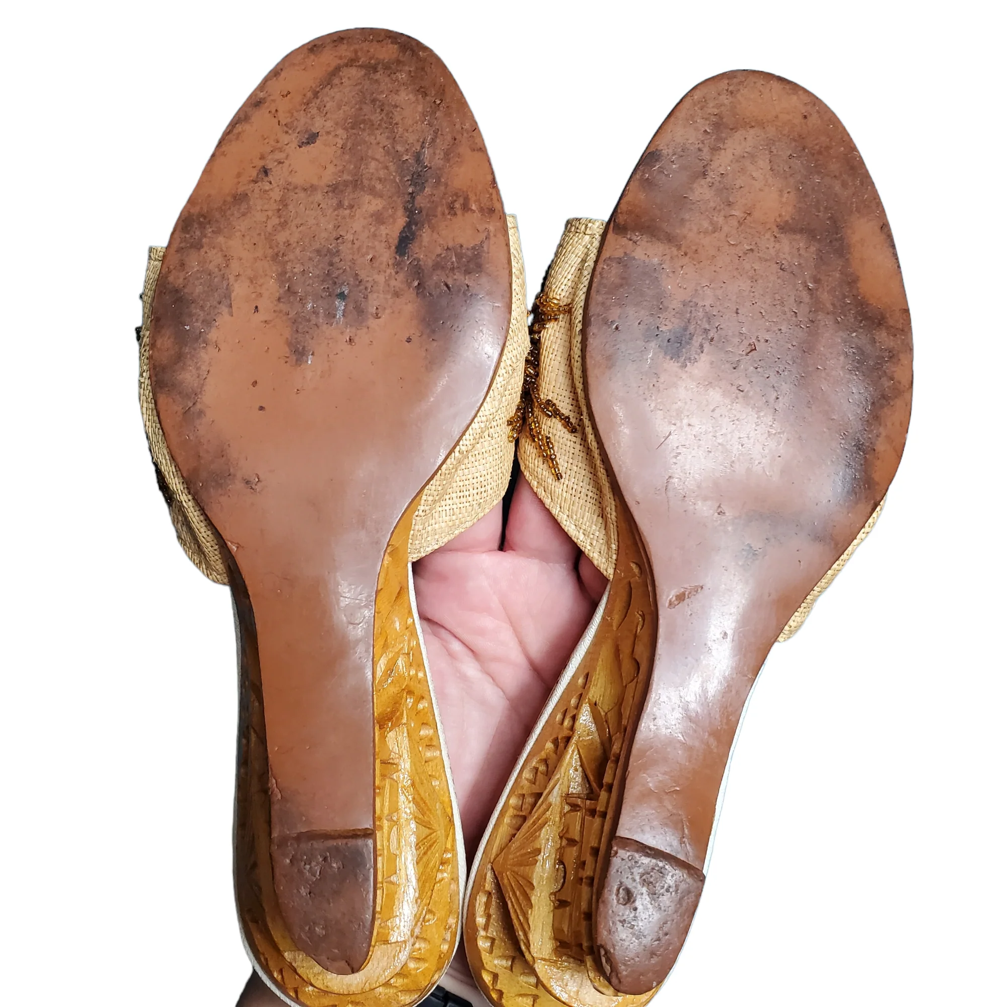 50s Carved Wooden Wedge Embellished Slide Sandals - Image 3
