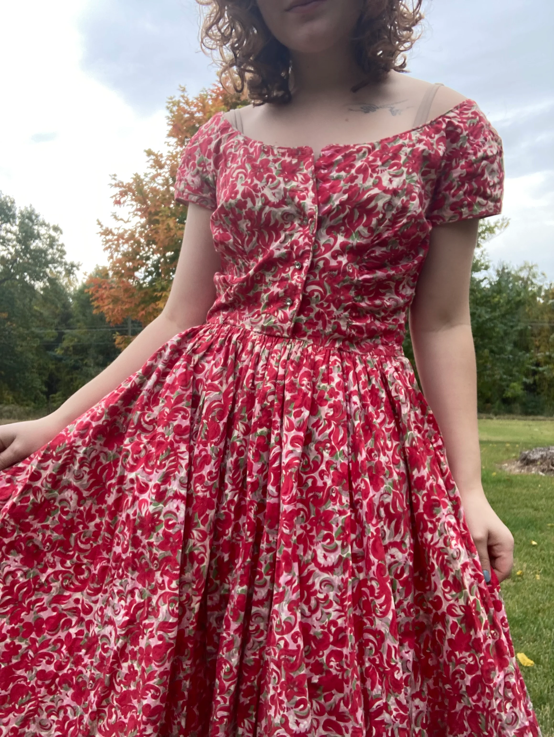 50s Cherry Red Floral Spectator Dress By Jerry Gilden - Image 3