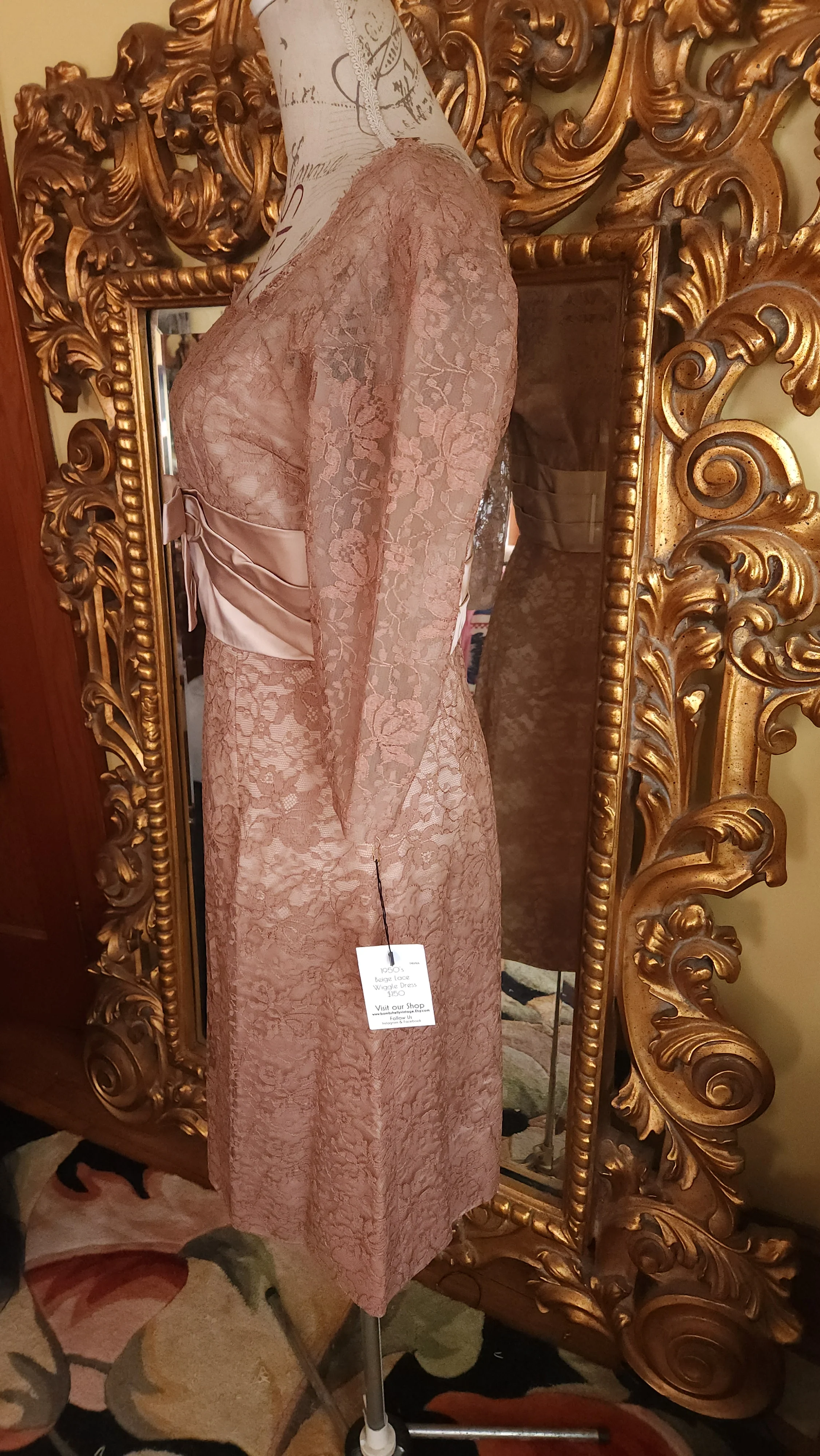 50s Cocoa Brown Lace Wiggle Dress With Satin Waist By Nebraska Clothing Co - Image 4