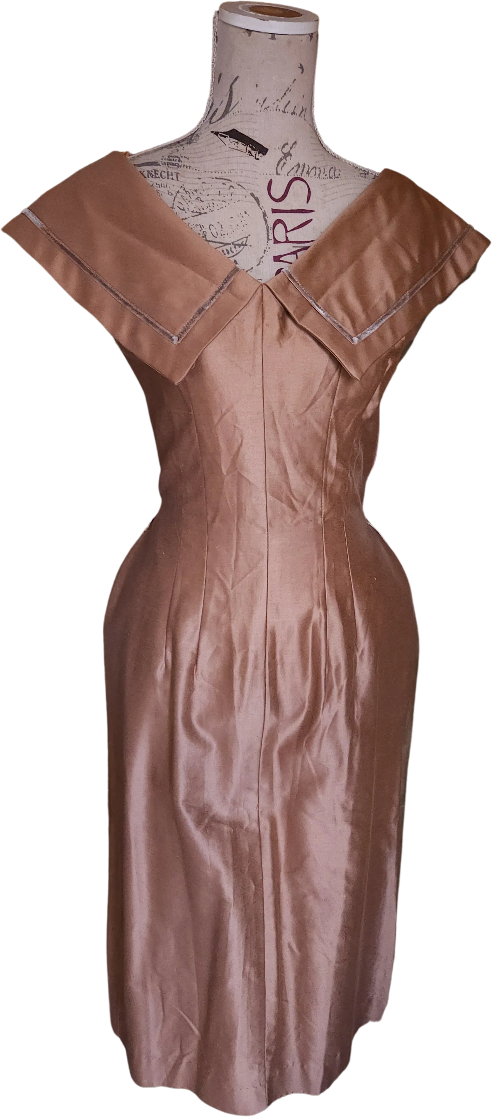 50s Cocoa Silk Dress With Portrait Collar Deadstock