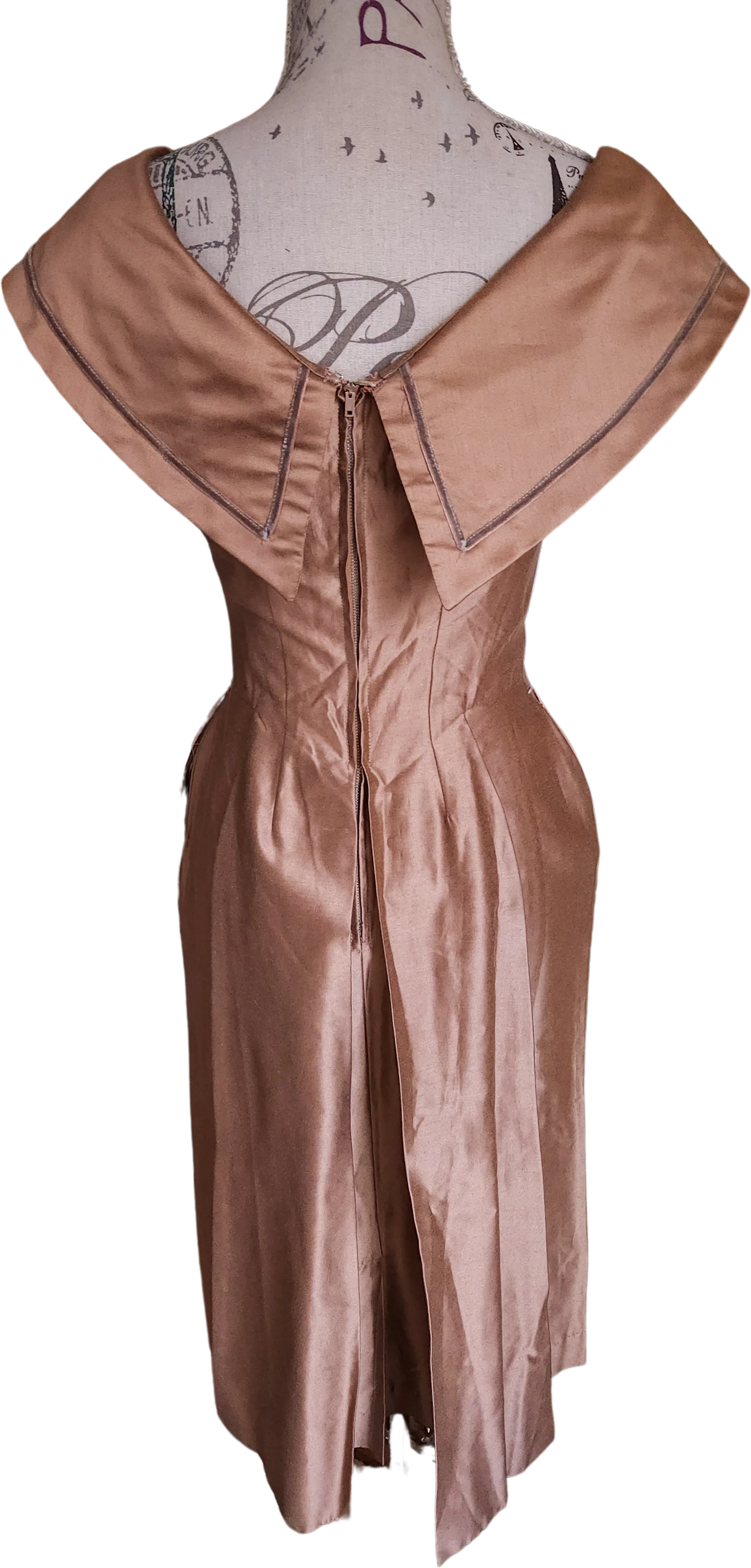 50s Cocoa Silk Dress With Portrait Collar Deadstock - Image 2