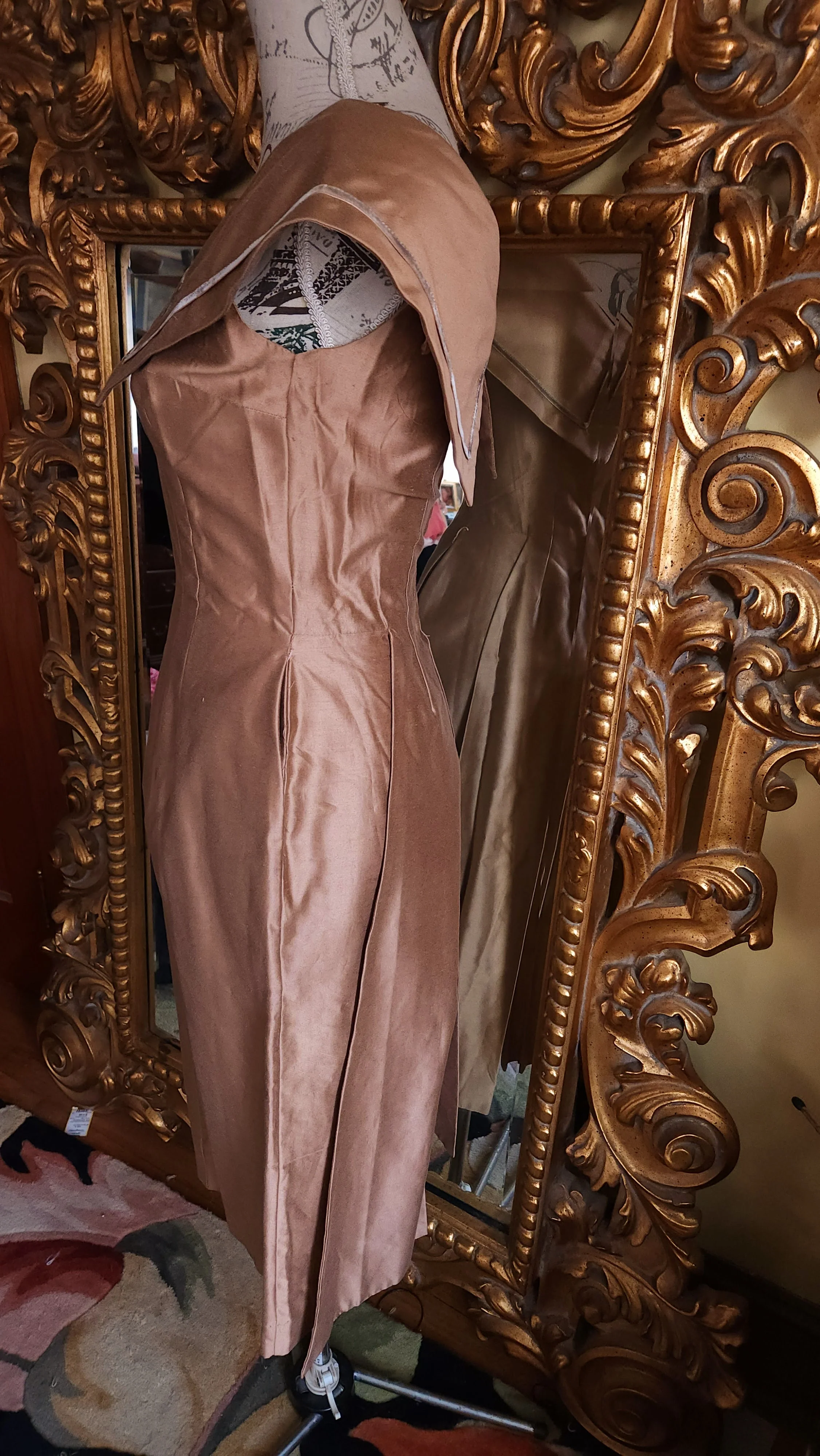 50s Cocoa Silk Dress With Portrait Collar Deadstock - Image 3