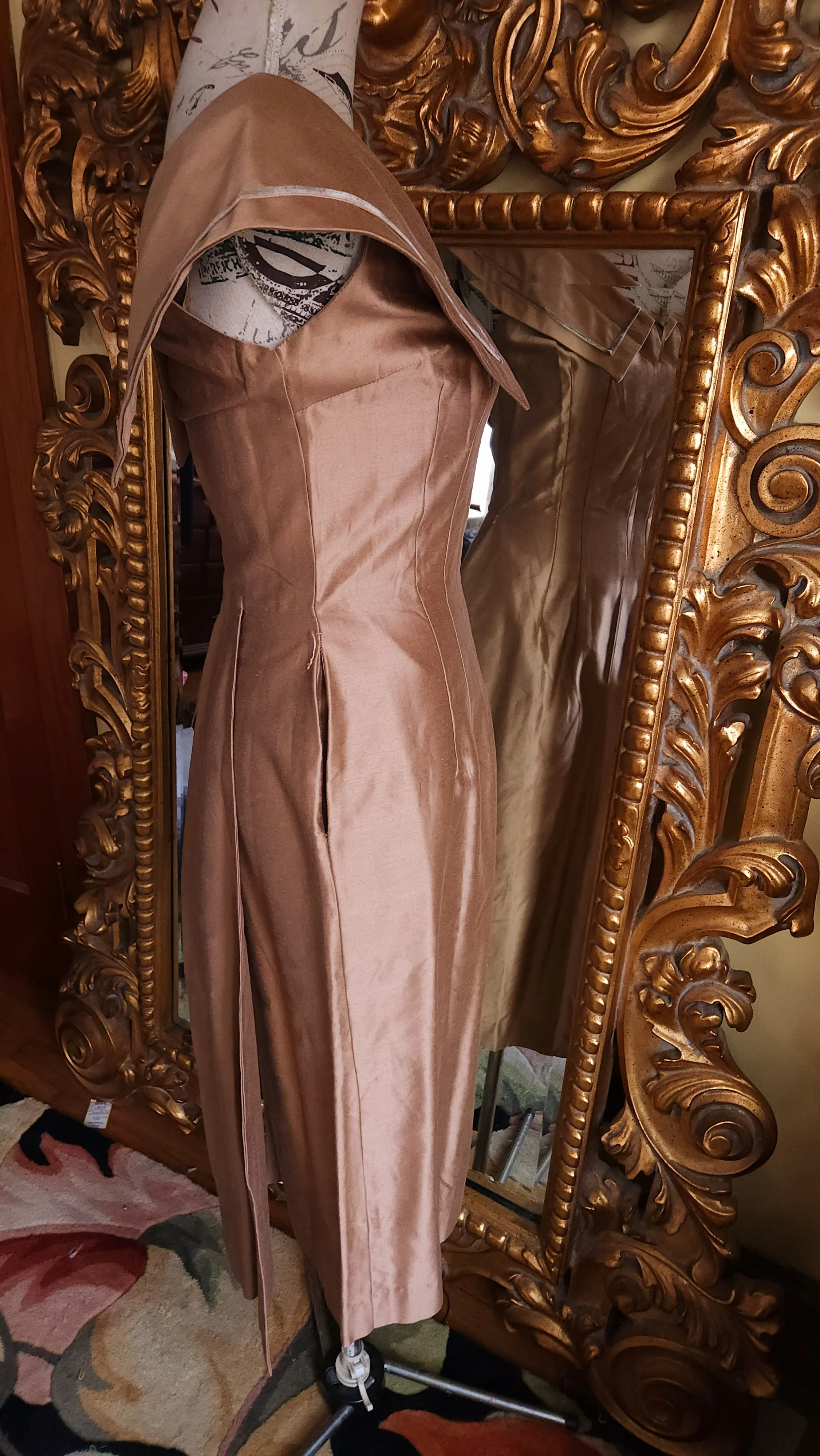 50s Cocoa Silk Dress With Portrait Collar Deadstock - Image 4