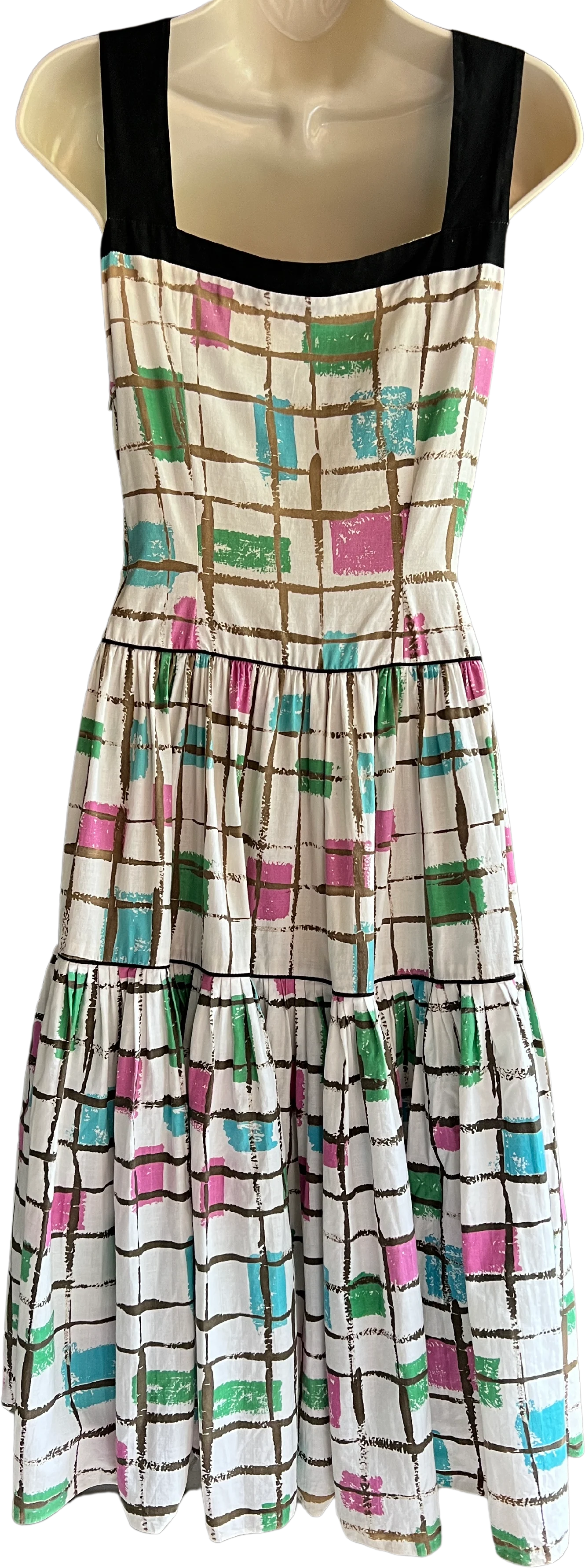50s Colorblock Patchwork Square Ruffle Dress By Shirley Lee - Image 2