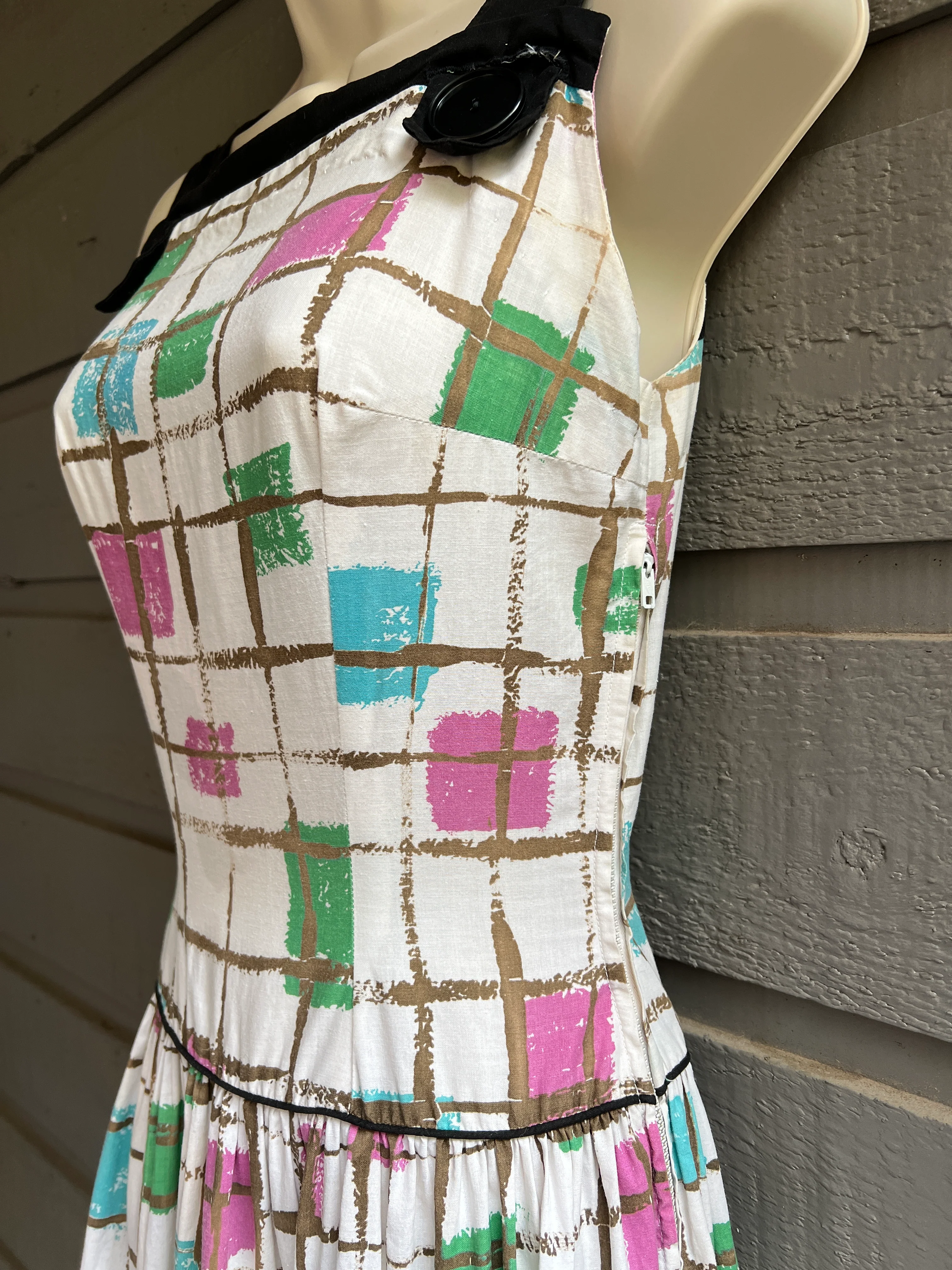 50s Colorblock Patchwork Square Ruffle Dress By Shirley Lee - Image 6