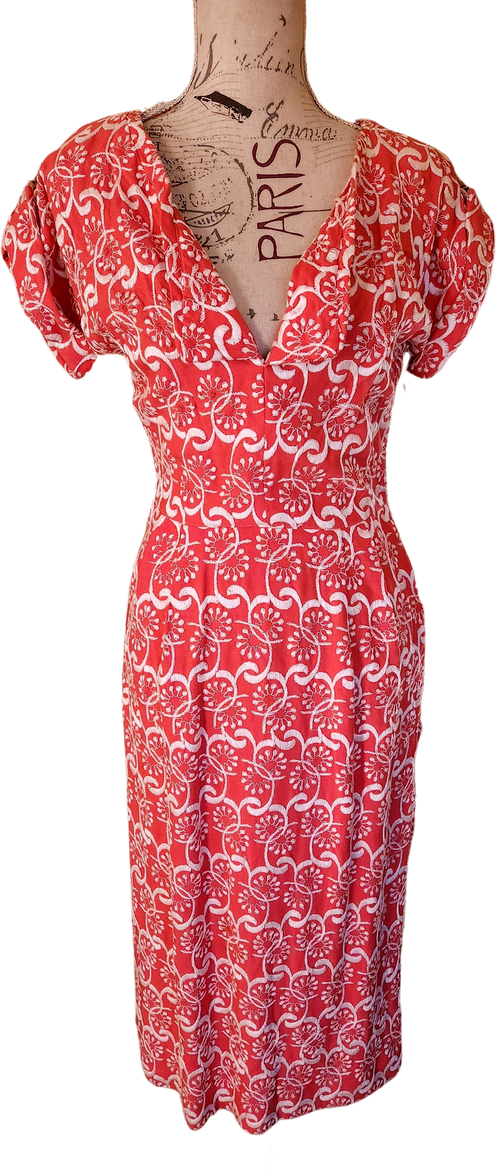 50s Coral Pink And White Embroidered Wiggle Dress