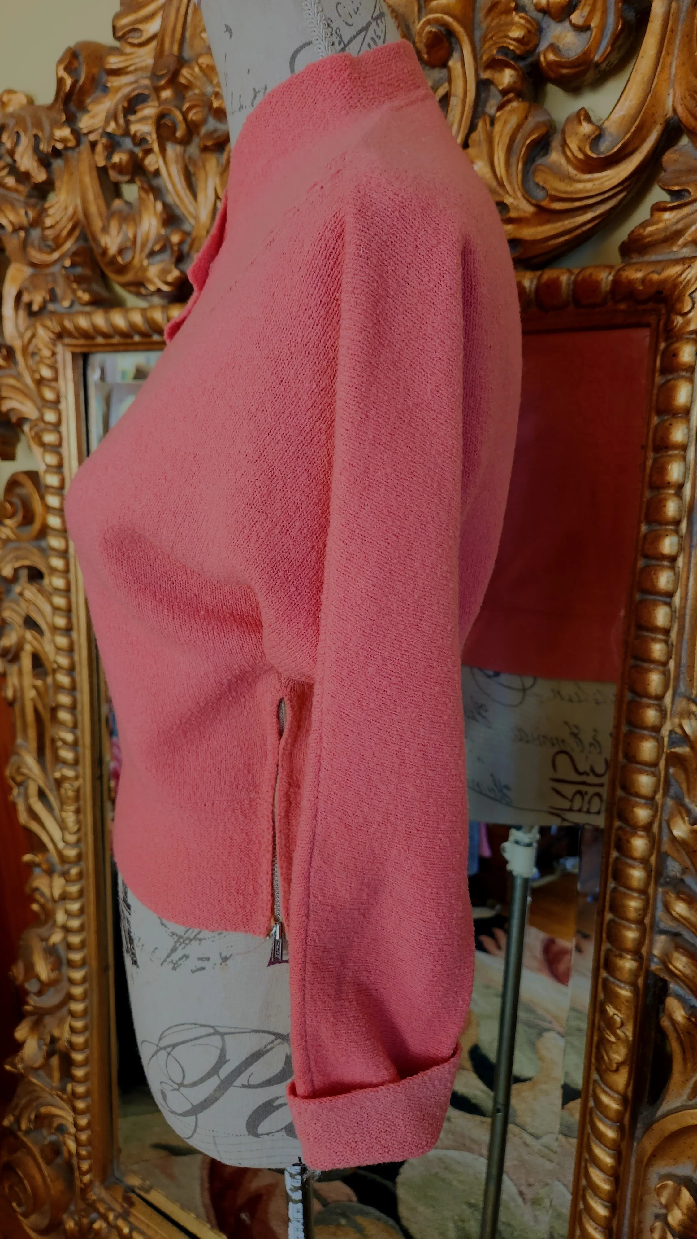 50s Coral Pink Button Neck Dolman Sleeve Pinup Sweater - Image 3