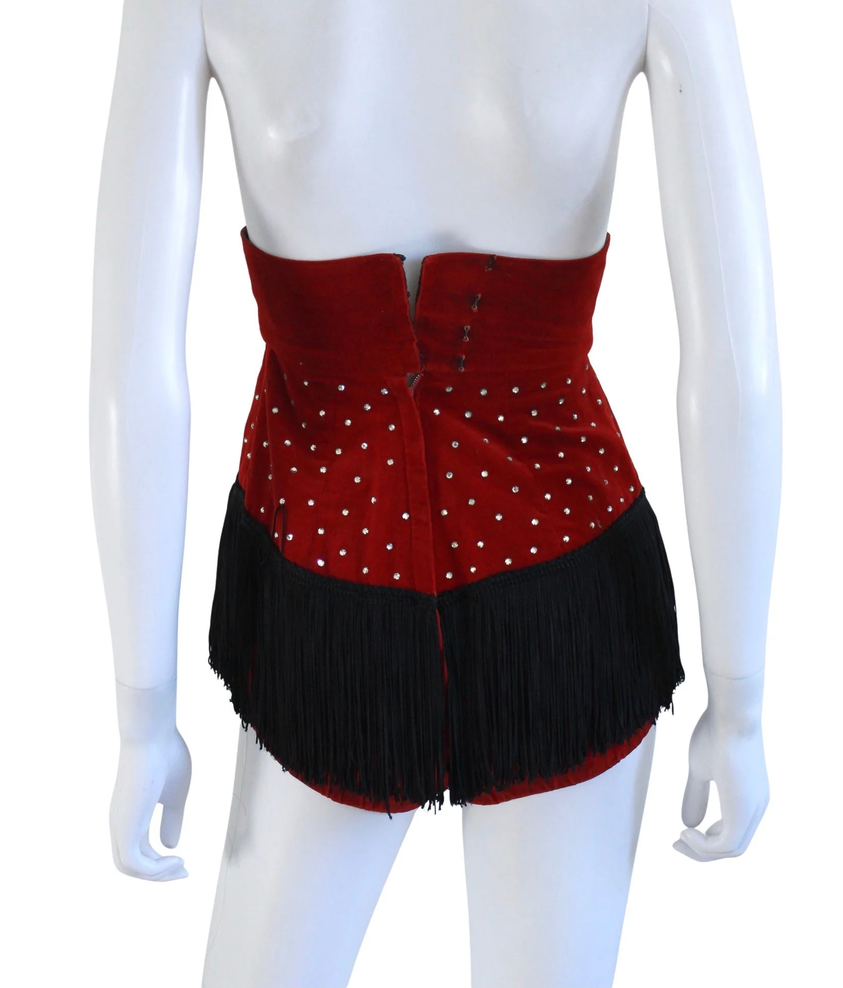 50s Crimson Red Velveteen Rhinestone Burlesque Bloomers with Black Fringe - Image 10