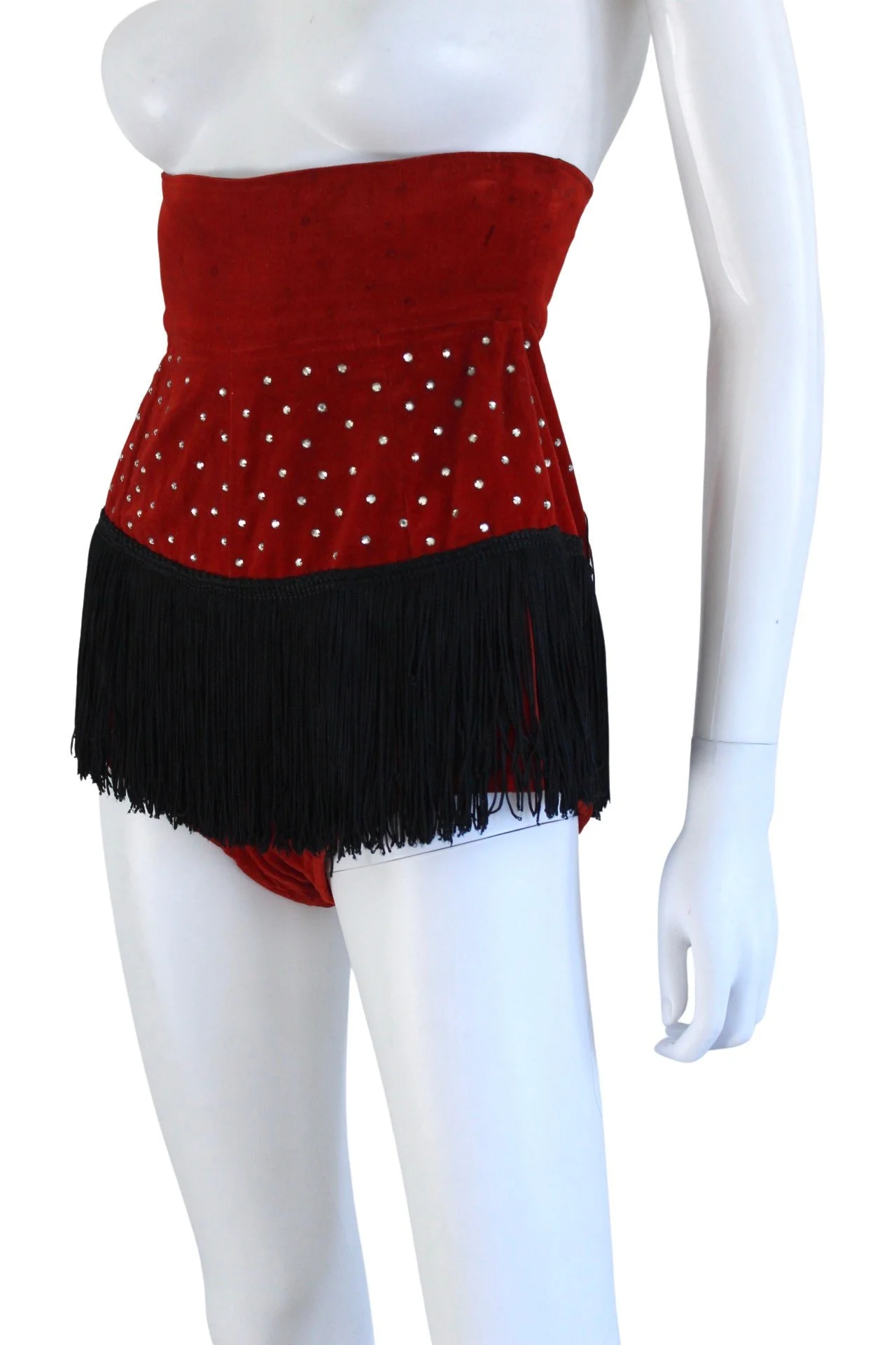 50s Crimson Red Velveteen Rhinestone Burlesque Bloomers with Black Fringe - Image 5