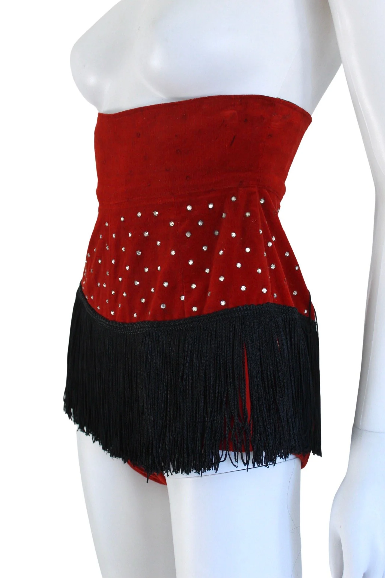 50s Crimson Red Velveteen Rhinestone Burlesque Bloomers with Black Fringe - Image 6