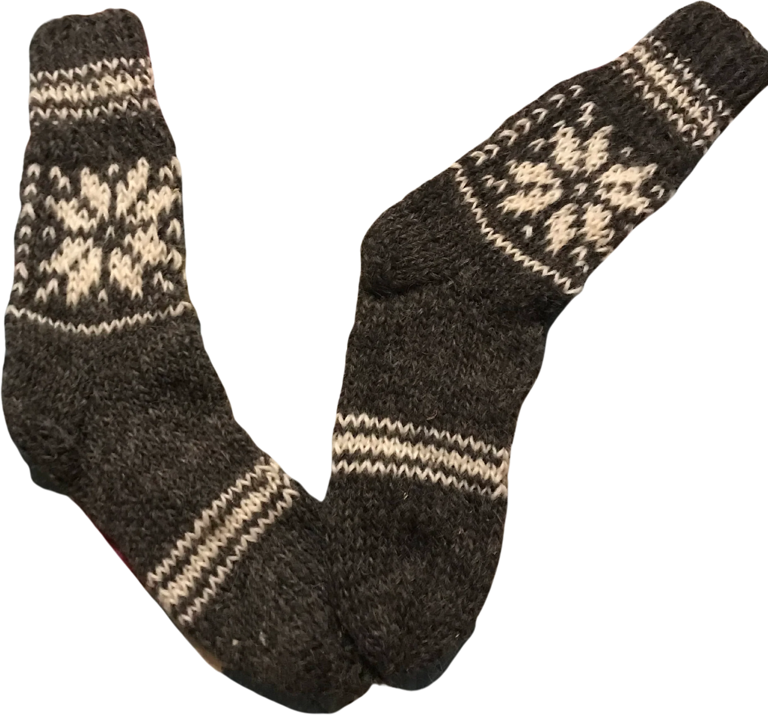 50s Deadstock Hand Knit Fair Isle Wool Gray Socks - Image 2