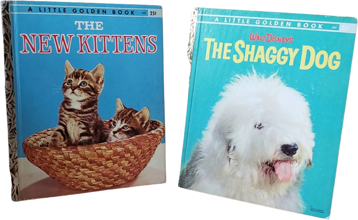 50s Dog and Cat Little Golden Books Set of 2 1957 The New Kittens and 1959 Disney's The Shaggy Dog by Walt Disney