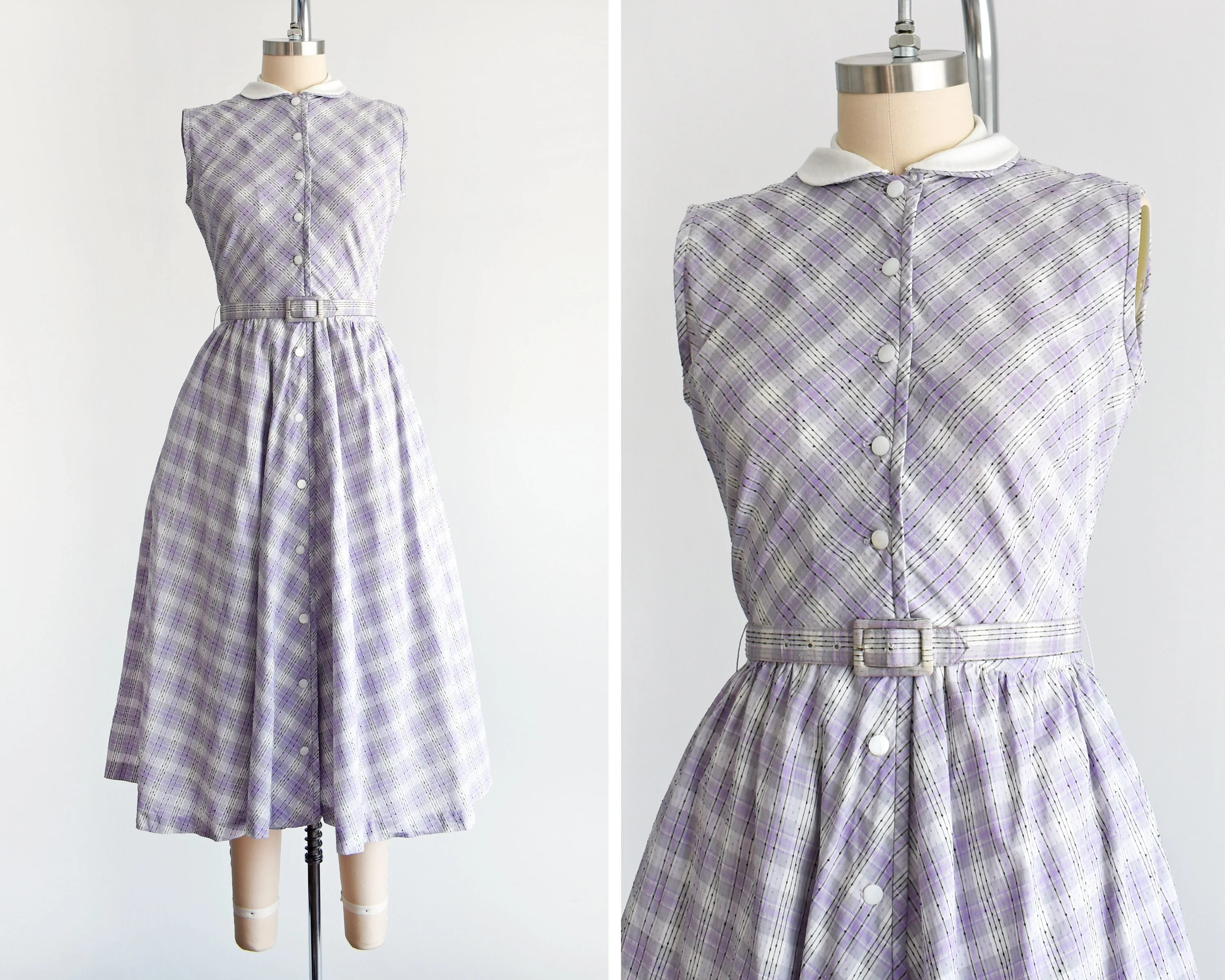 50s Dress Vintage 50s Shirt Dress Purple Plaid Full Skirt Cotton Sundress with Pockets Small/medium by Jonathan Logan - Image 2