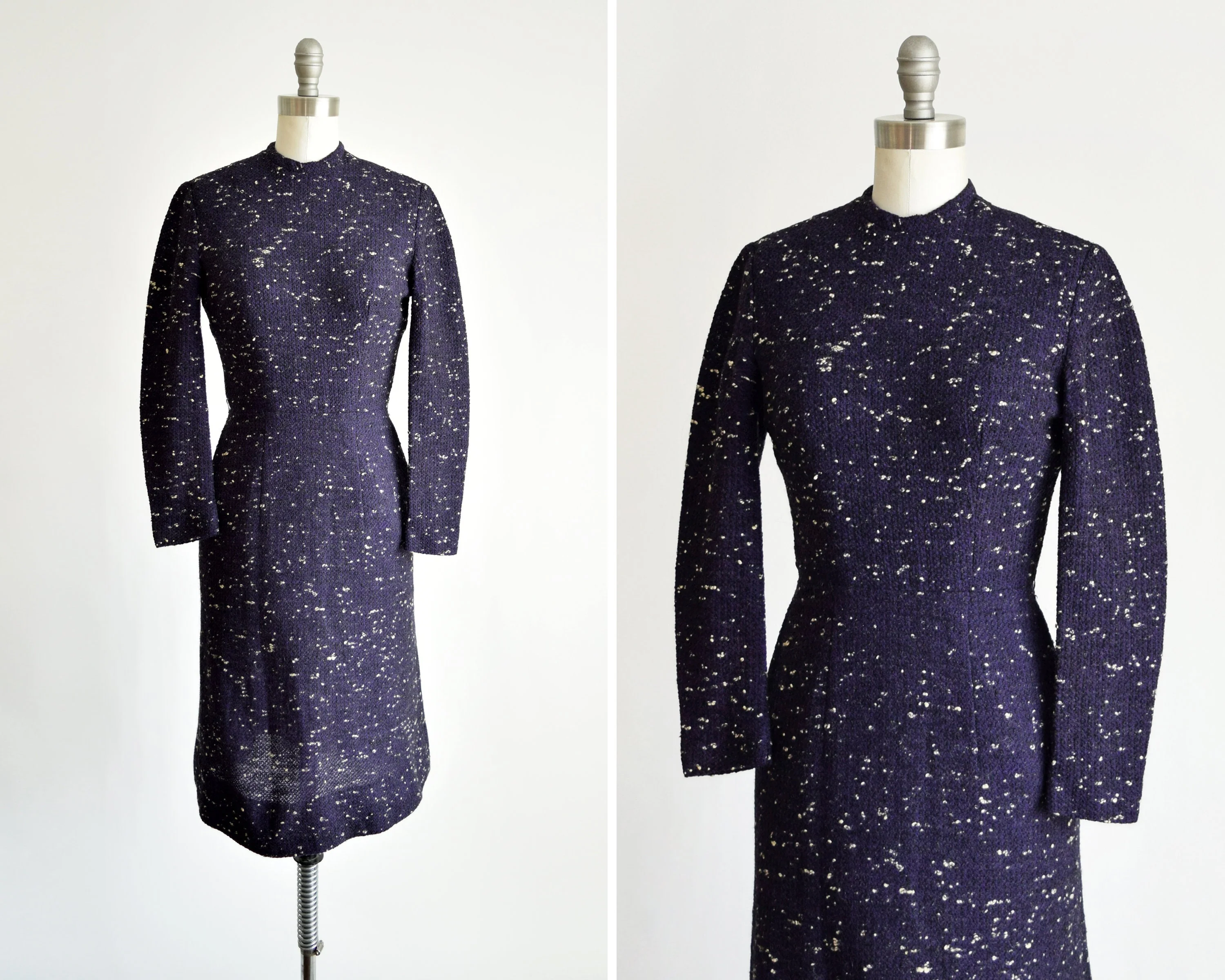 50s Dress Vintage 50s Wiggle Dress Flecked Wool Long Sleeve Purple Black Navy Dress with Pockets, Xxs by Anne Fogarty - Image 2