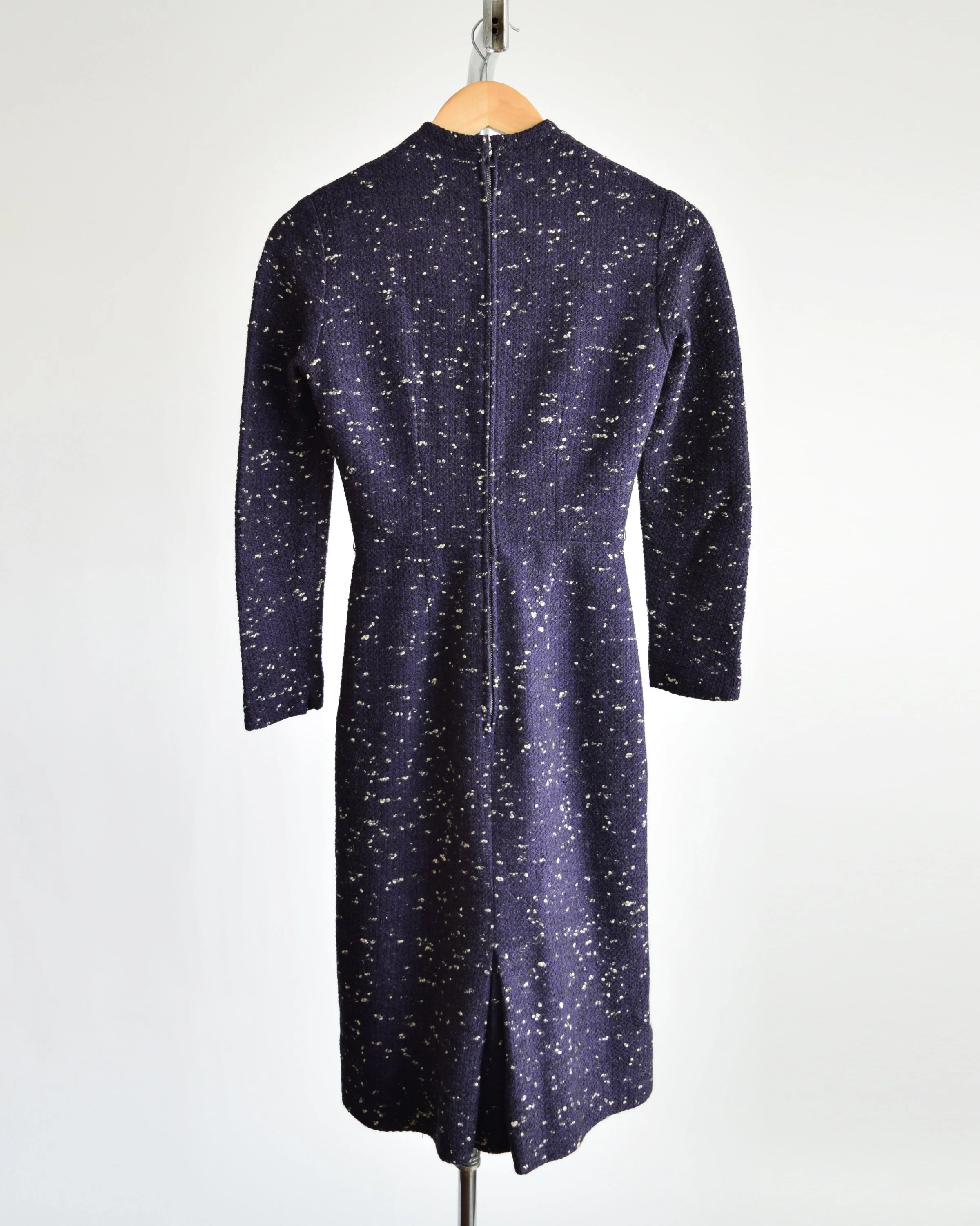 50s Dress Vintage 50s Wiggle Dress Flecked Wool Long Sleeve Purple Black Navy Dress with Pockets, Xxs by Anne Fogarty - Image 3