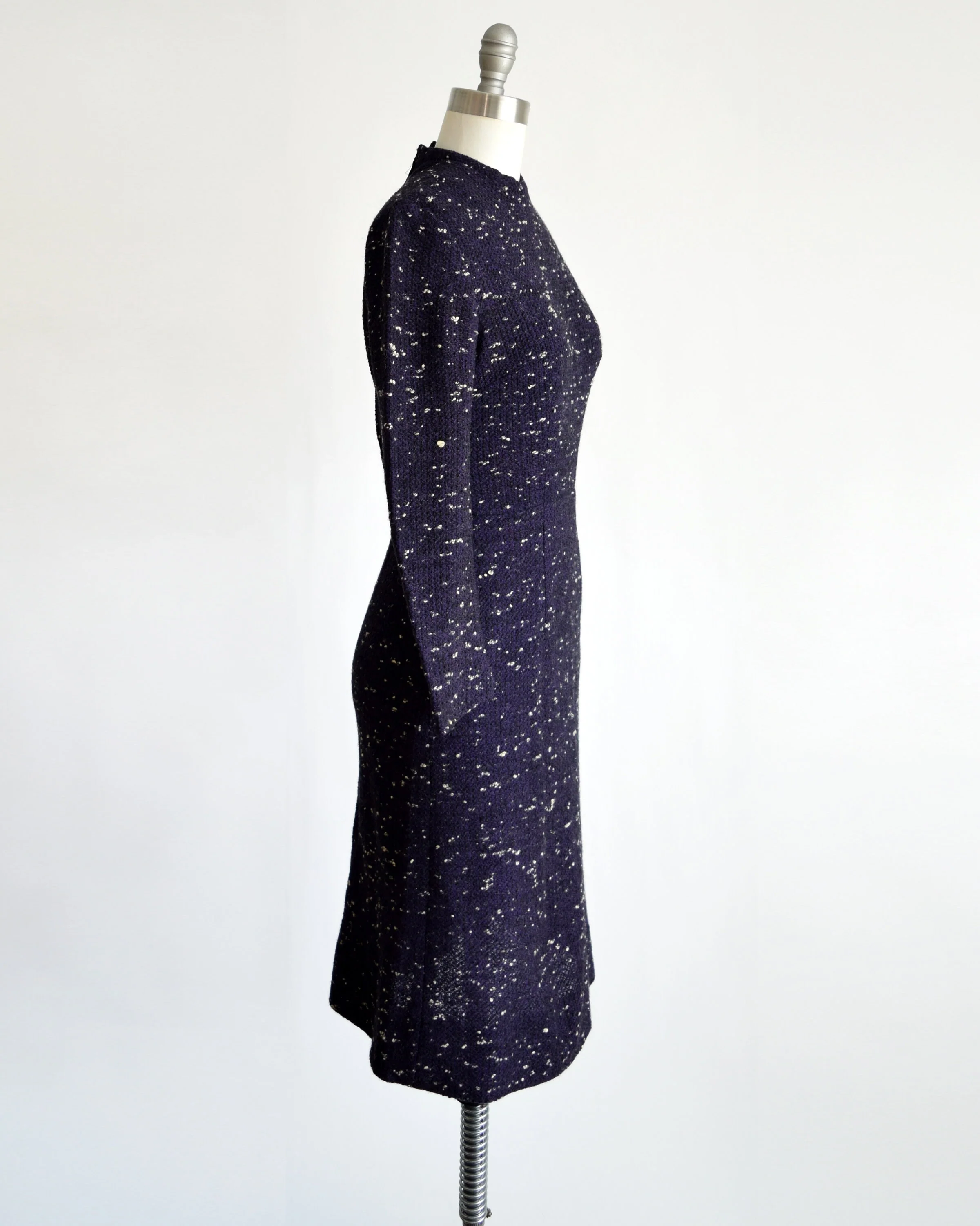 50s Dress Vintage 50s Wiggle Dress Flecked Wool Long Sleeve Purple Black Navy Dress with Pockets, Xxs by Anne Fogarty - Image 4