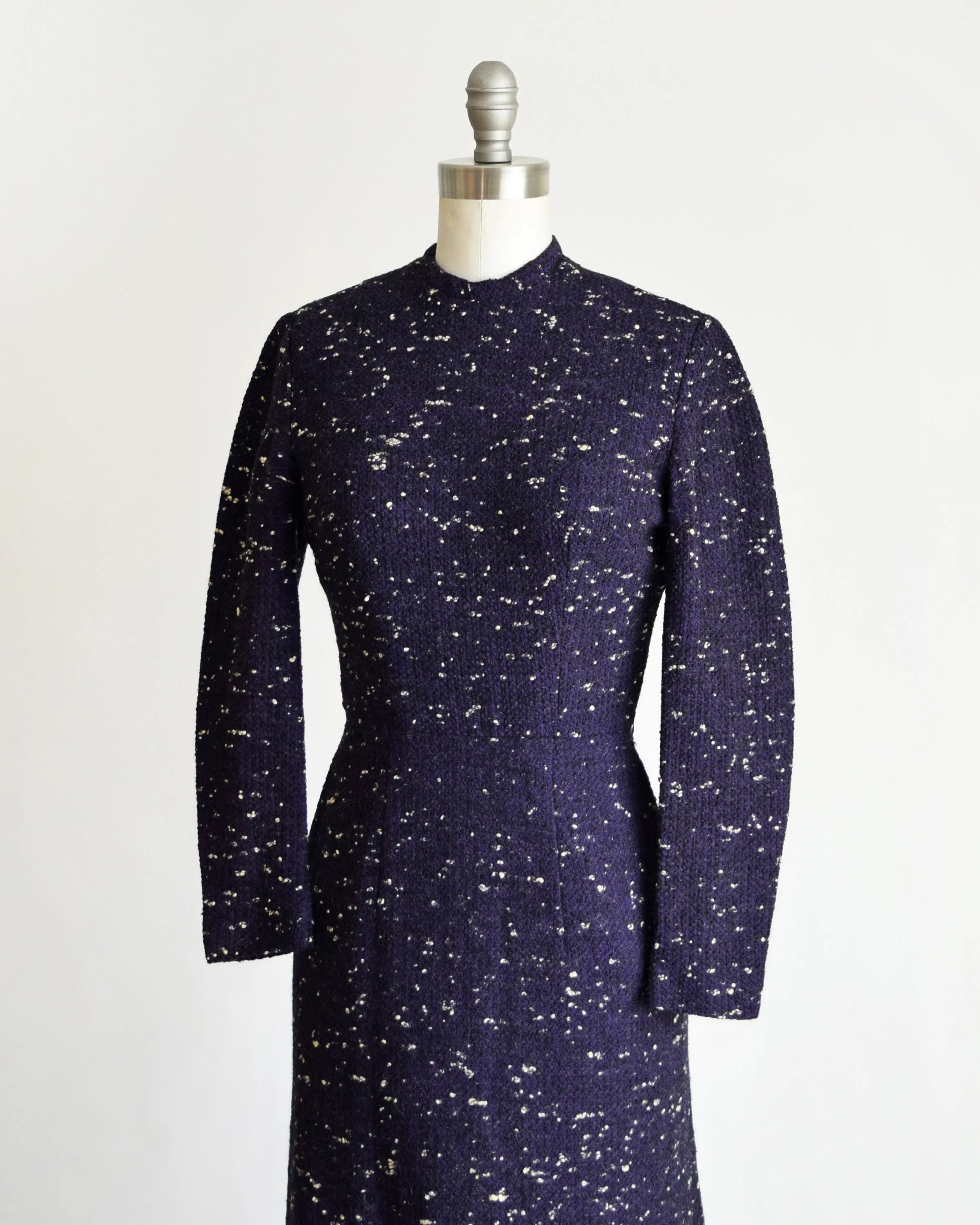 50s Dress Vintage 50s Wiggle Dress Flecked Wool Long Sleeve Purple Black Navy Dress with Pockets, Xxs by Anne Fogarty - Image 5