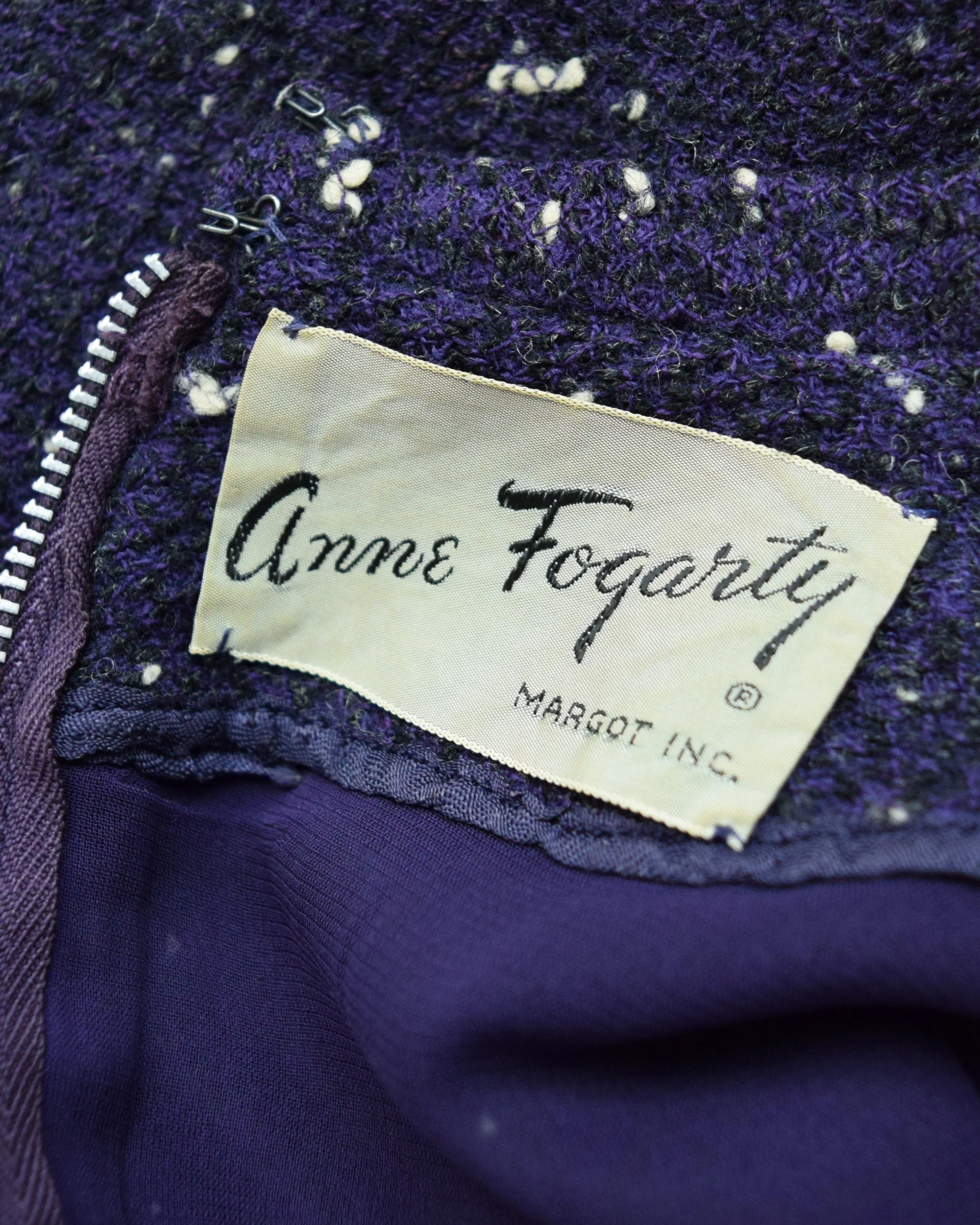 50s Dress Vintage 50s Wiggle Dress Flecked Wool Long Sleeve Purple Black Navy Dress with Pockets, Xxs by Anne Fogarty - Image 6