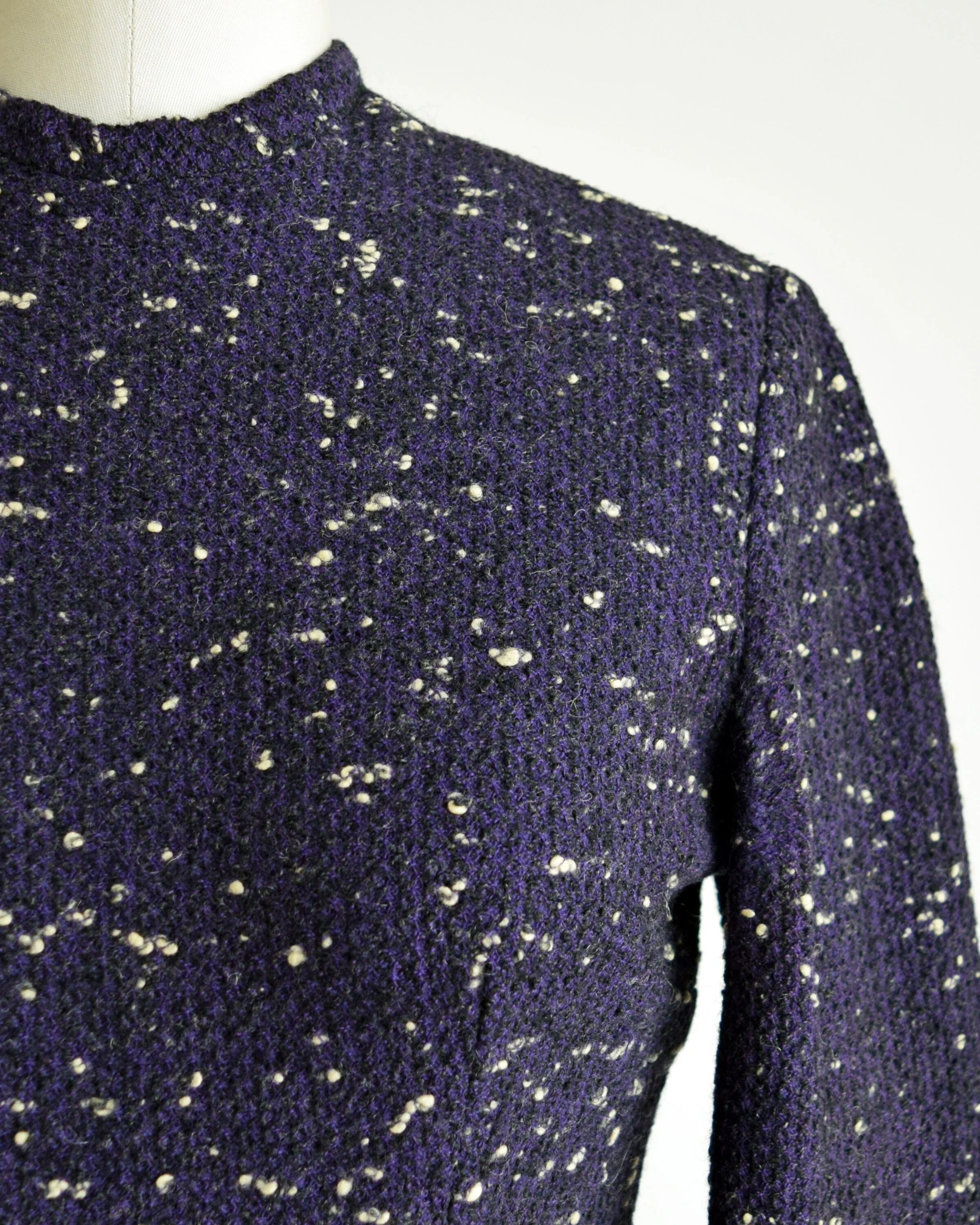 50s Dress Vintage 50s Wiggle Dress Flecked Wool Long Sleeve Purple Black Navy Dress with Pockets, Xxs by Anne Fogarty - Image 7