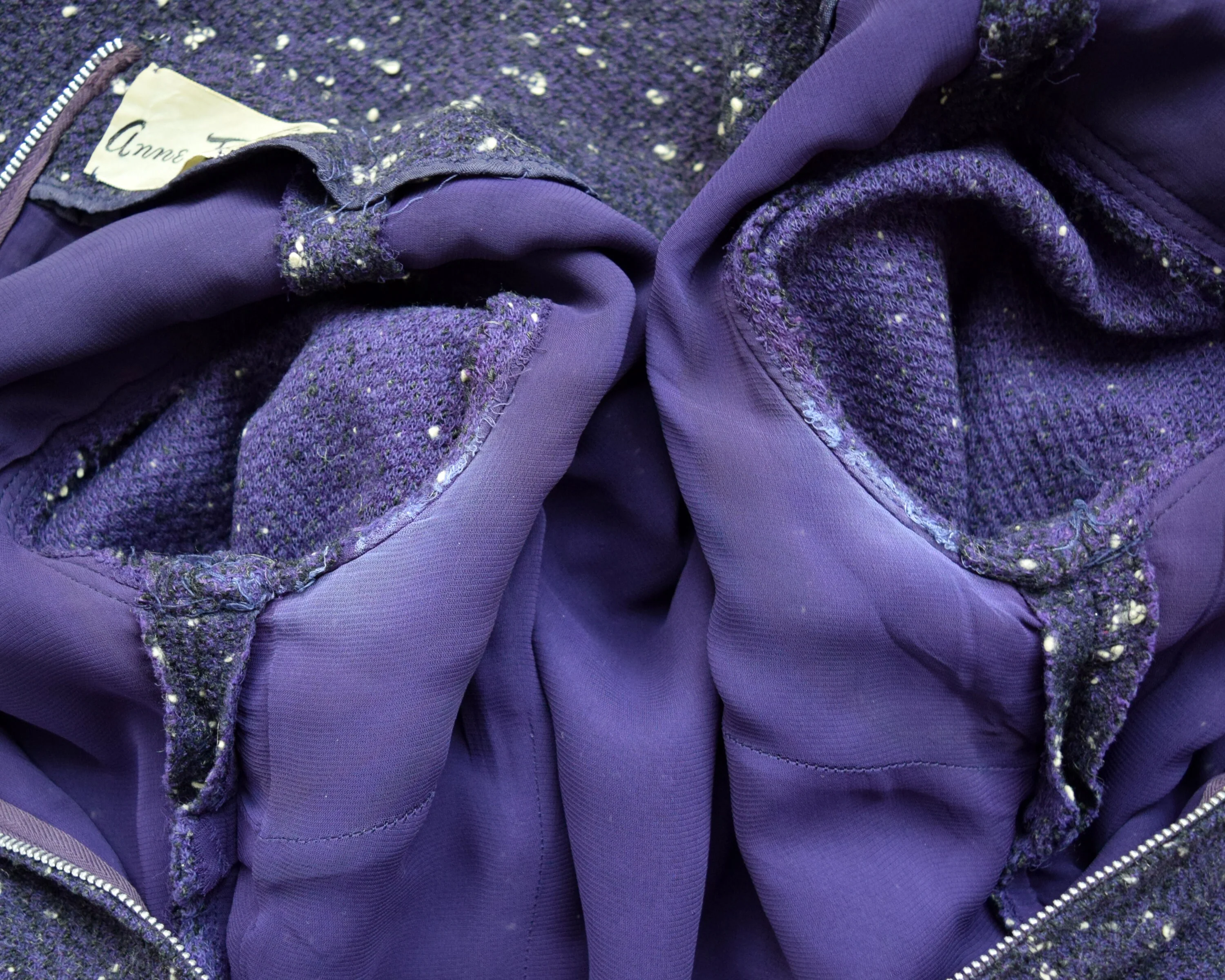 50s Dress Vintage 50s Wiggle Dress Flecked Wool Long Sleeve Purple Black Navy Dress with Pockets, Xxs by Anne Fogarty - Image 8