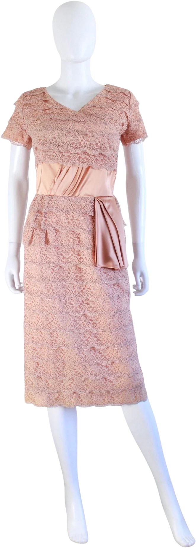 50s Dusky Peach Satin and Lace Wiggle Cocktail Dress
