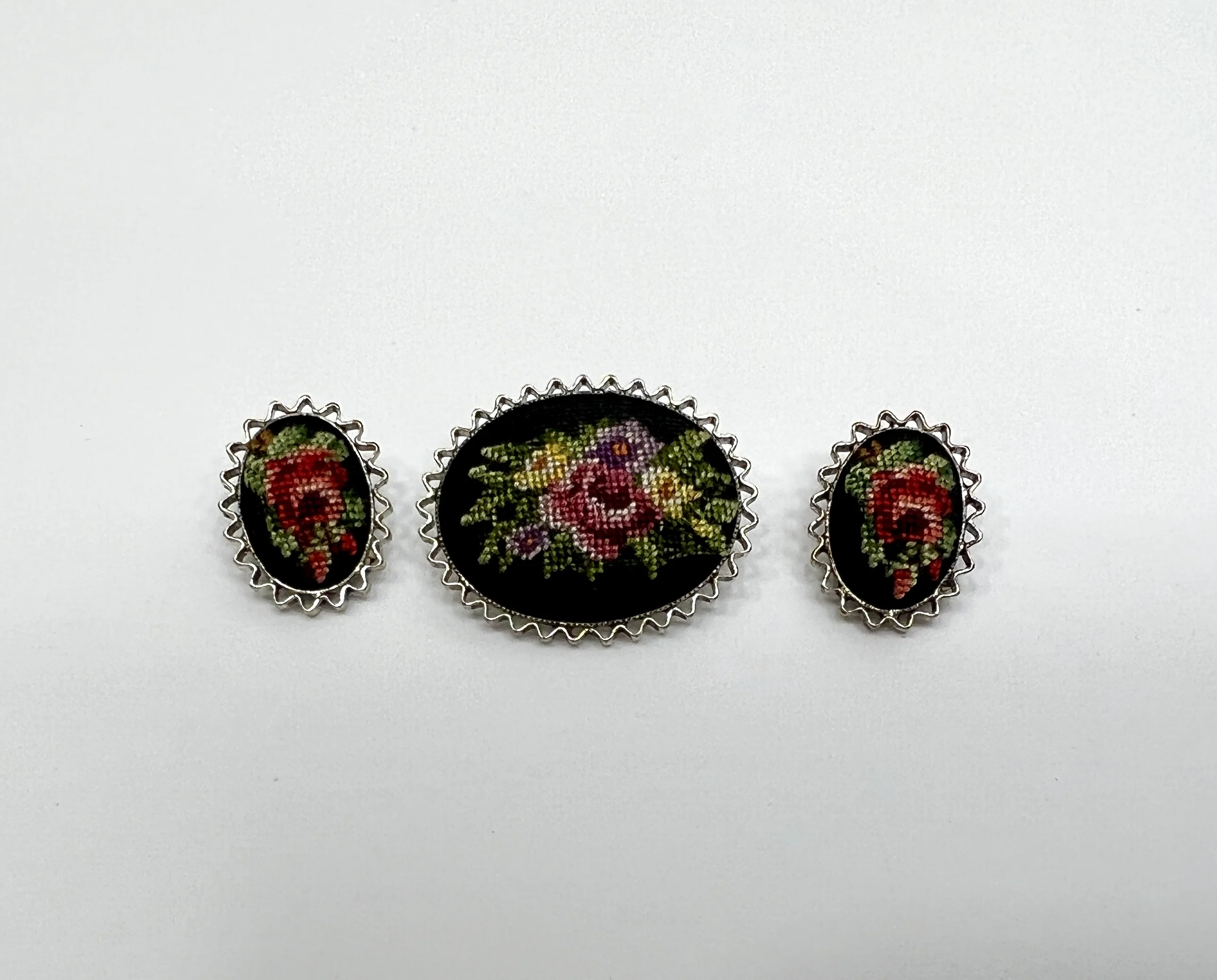50s Embroidered 50s Vienna Brooch And Clip On Earrings By Petit Point - Image 3