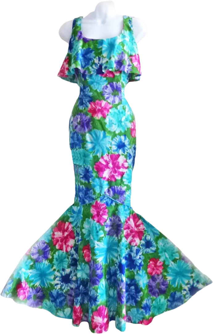 50s Fishtail Wiggle Bombshell Dress From Waltah Hawaii Maxi Dress Blue Green S by Clarke's Hawaiian Shop