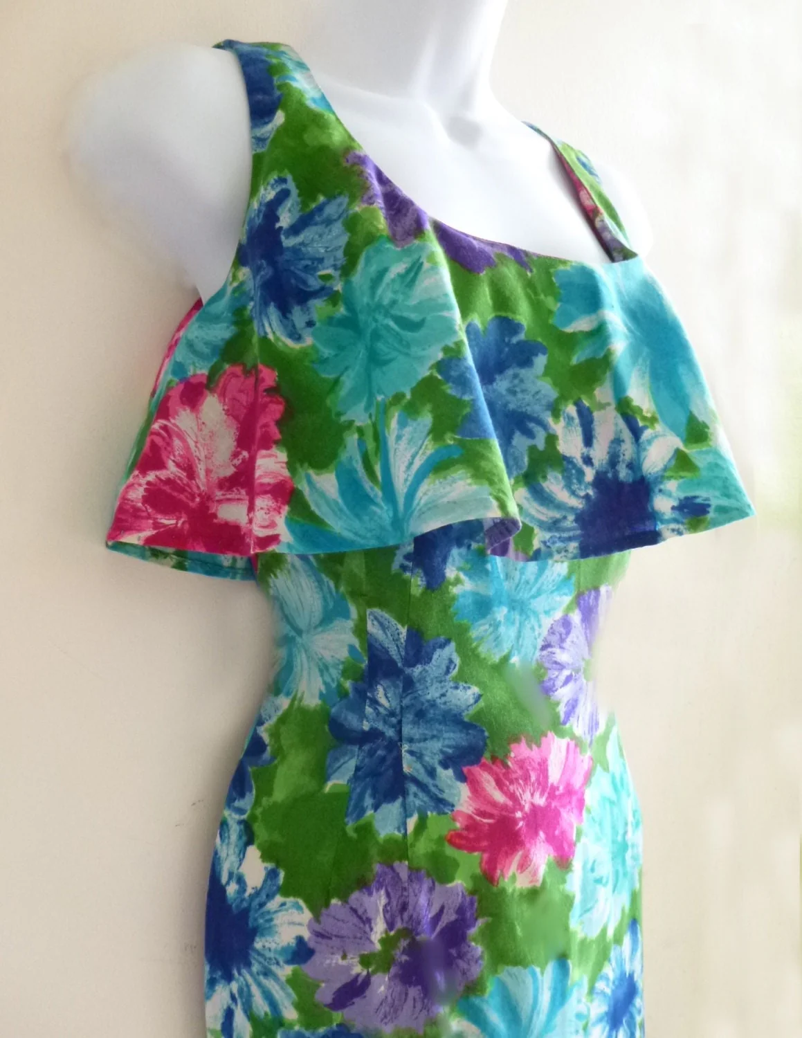 50s Fishtail Wiggle Bombshell Dress From Waltah Hawaii Maxi Dress Blue Green S by Clarke's Hawaiian Shop - Image 2