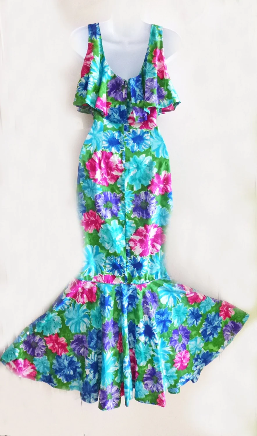 50s Fishtail Wiggle Bombshell Dress From Waltah Hawaii Maxi Dress Blue Green S by Clarke's Hawaiian Shop - Image 5
