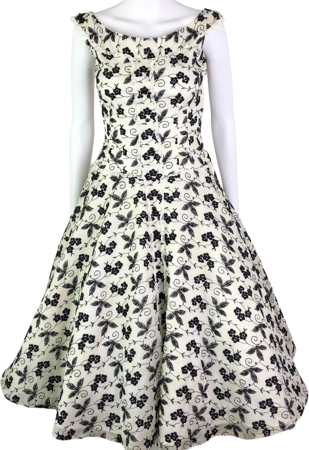 50s Fit And Flare Cream With Black Embroidery Dress