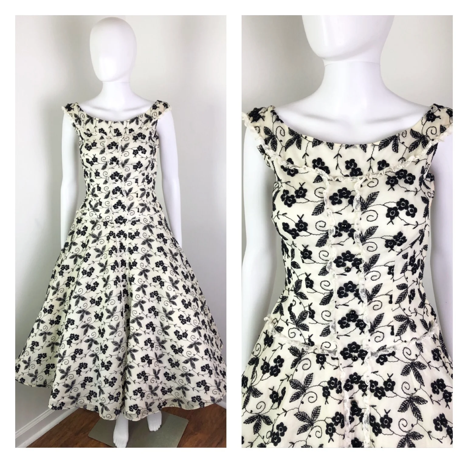 50s Fit And Flare Cream With Black Embroidery Dress - Image 3
