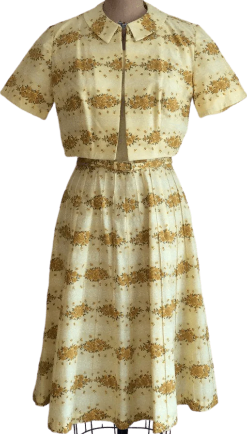 50's Floral Stripe Print Yellow Cotton Dress and Jacket by Betty Hartford