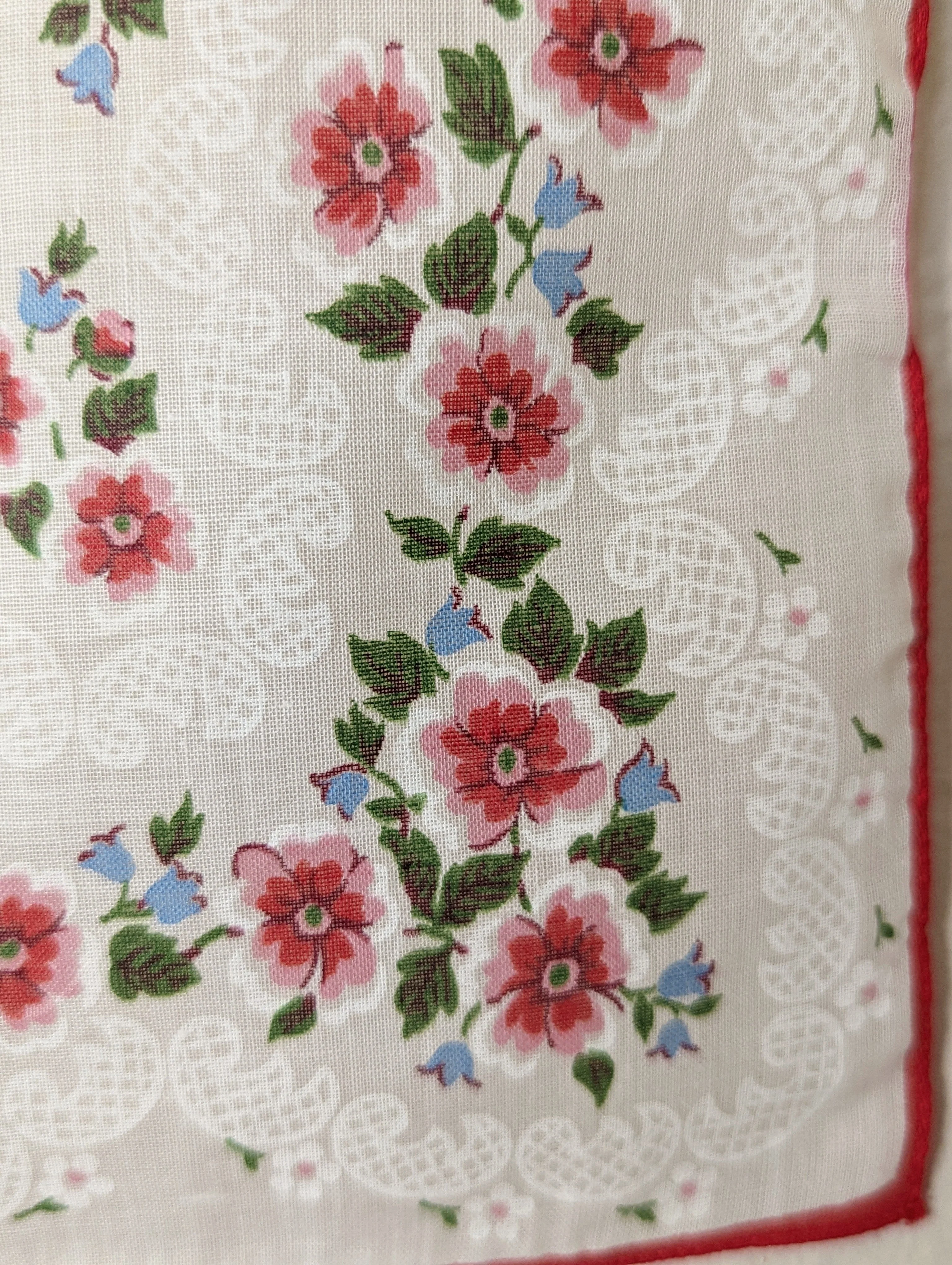 50s "flowers and Lace" Floral Red White and Blue Scarf Handkerchief with Hand Rolled Edge - Image 3