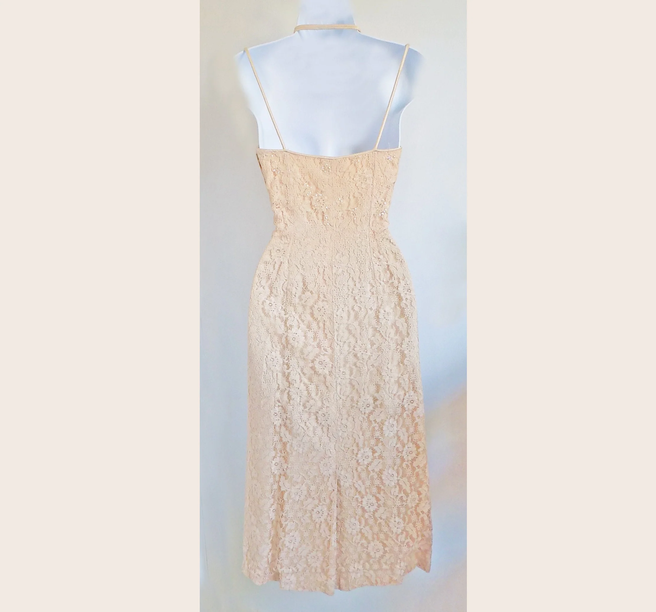 50s Formal Peach Lace Covered Satin Dress with Open Back by Junior Accent - Image 4