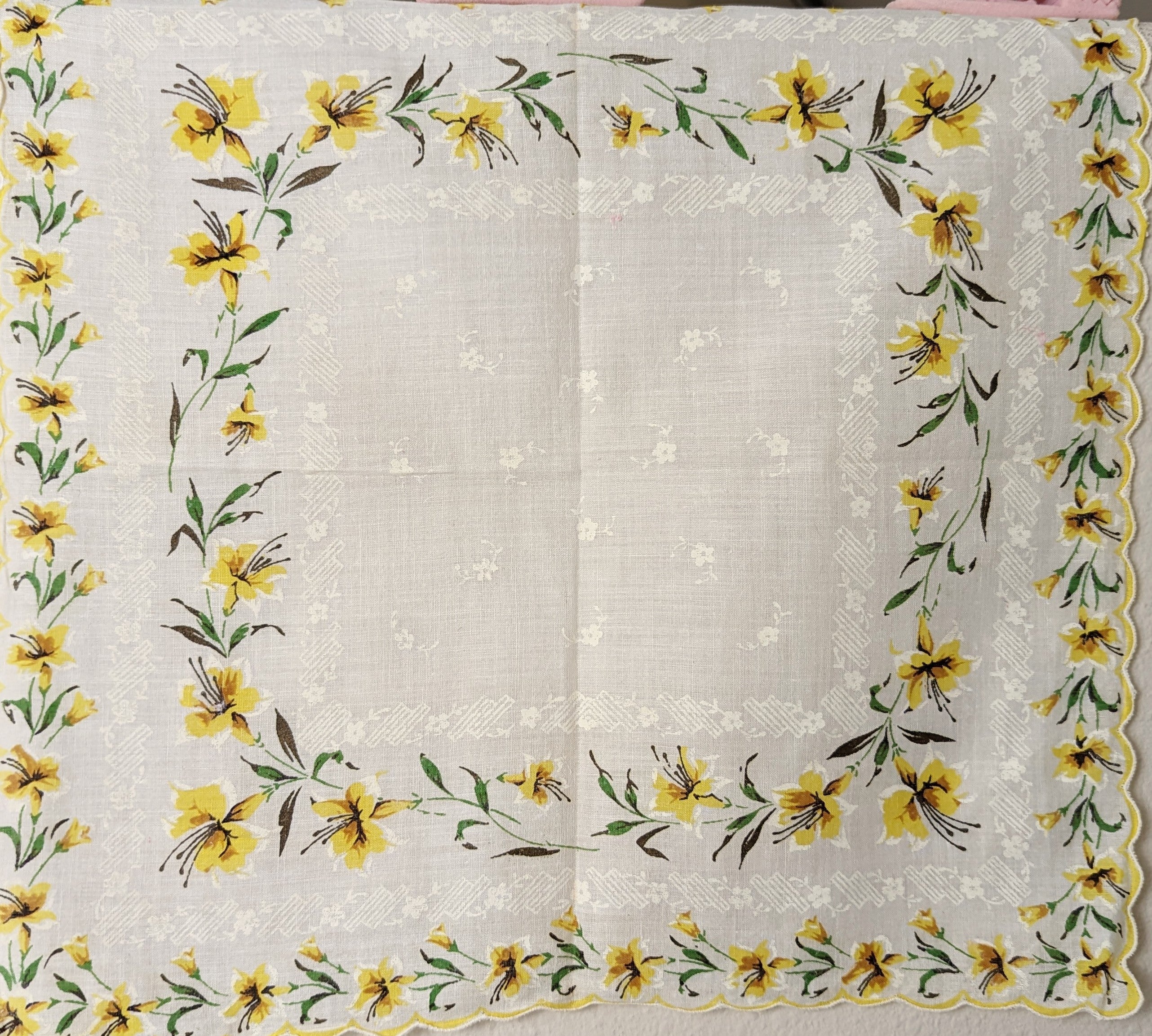 50s "forsythia Botanical" Yellow and White Scarf Handkerchief with Hand Rolled Scalloped Edge - Image 2