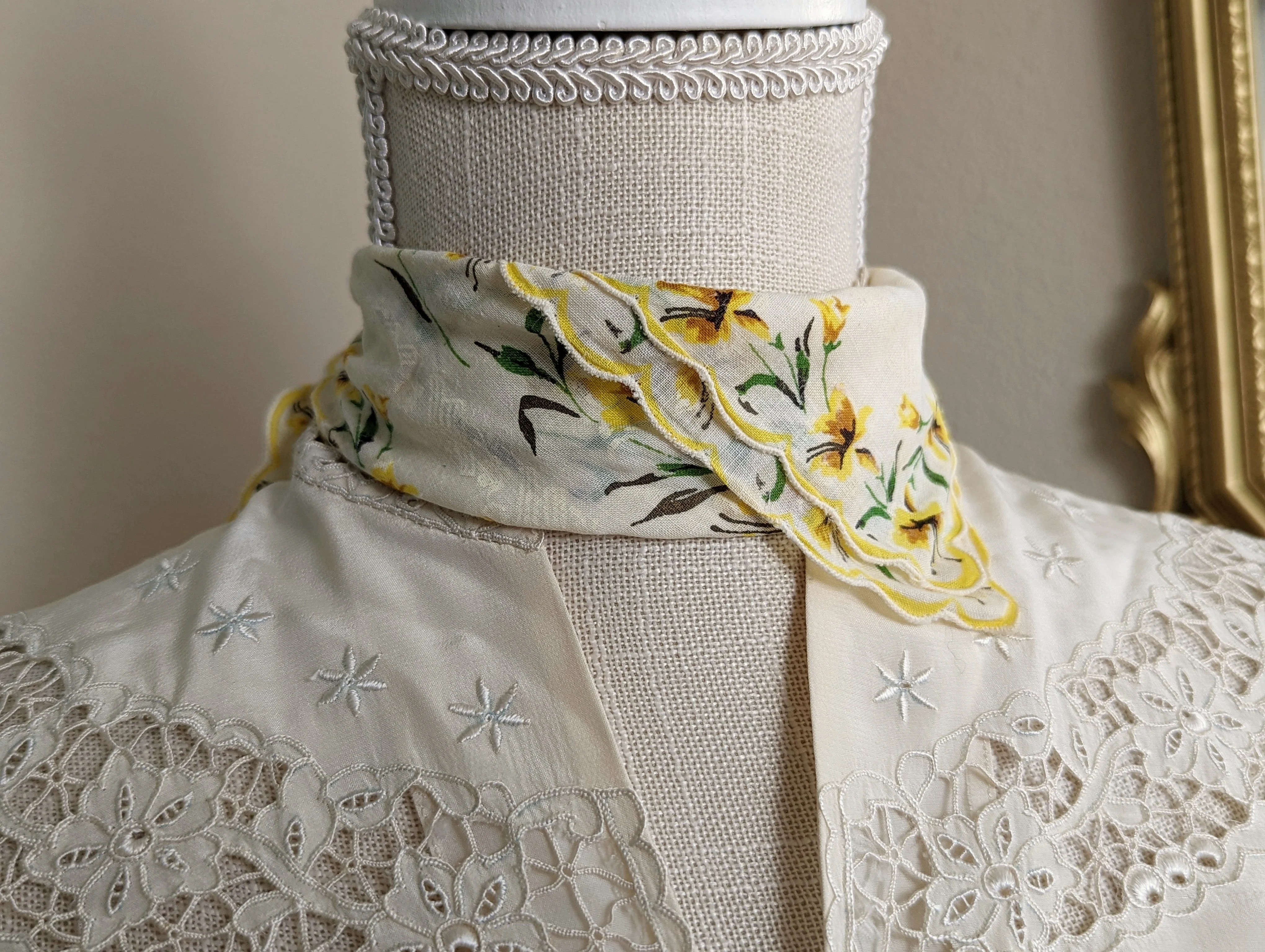50s "forsythia Botanical" Yellow and White Scarf Handkerchief with Hand Rolled Scalloped Edge - Image 3