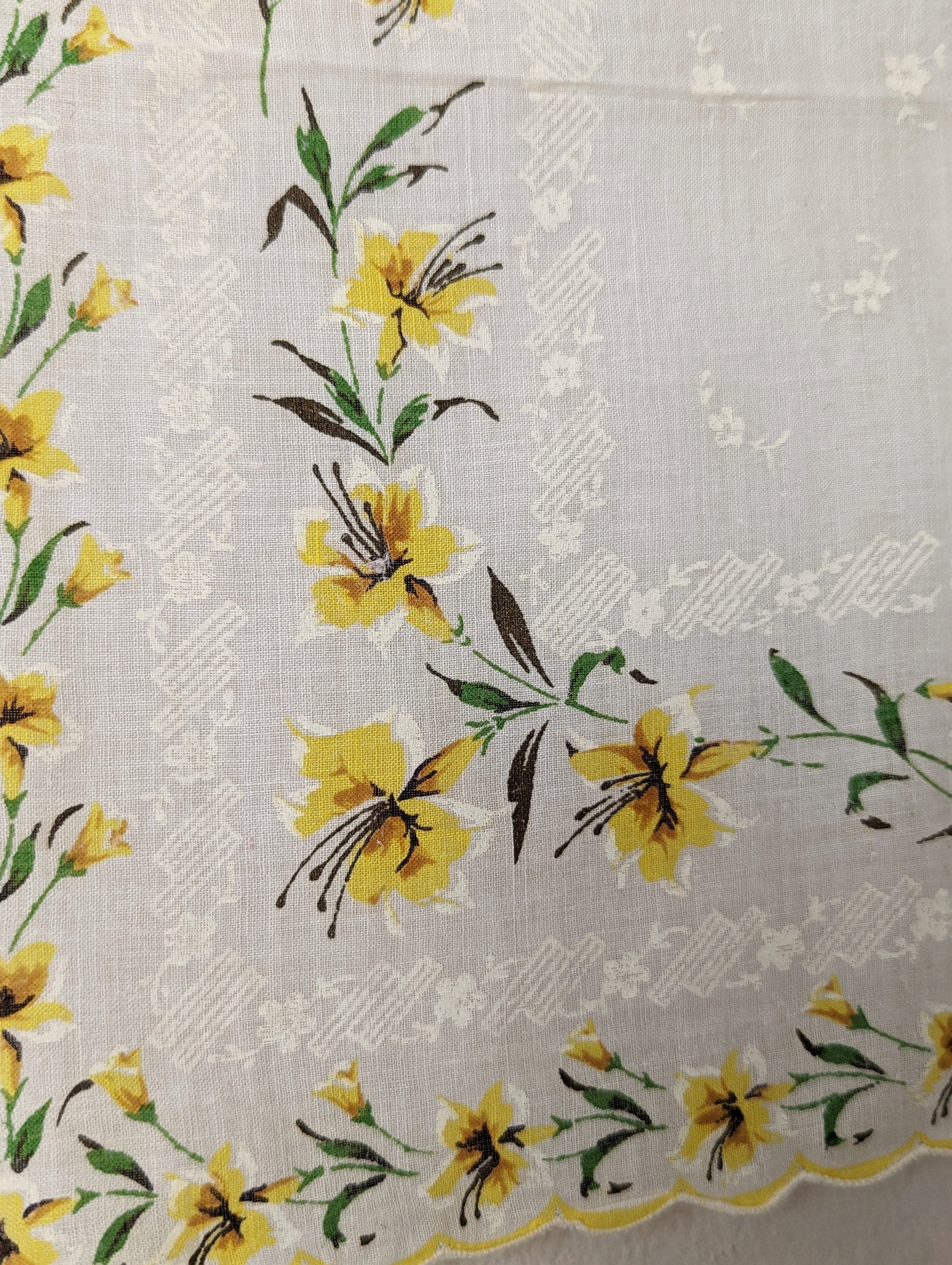 50s "forsythia Botanical" Yellow and White Scarf Handkerchief with Hand Rolled Scalloped Edge - Image 4