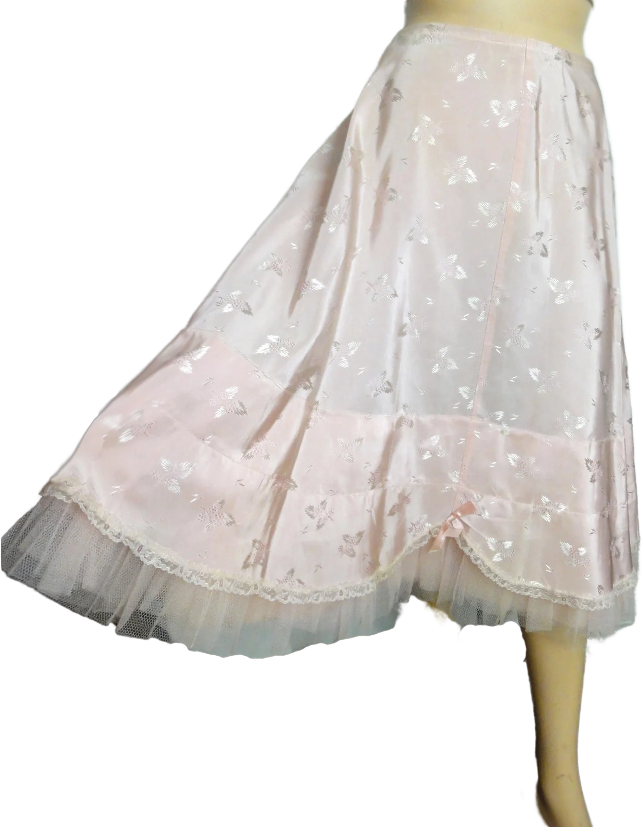 50s Full Skirt Pink Jacquard Lace Net Ruffle Petticoat By Cherie of Hollywood