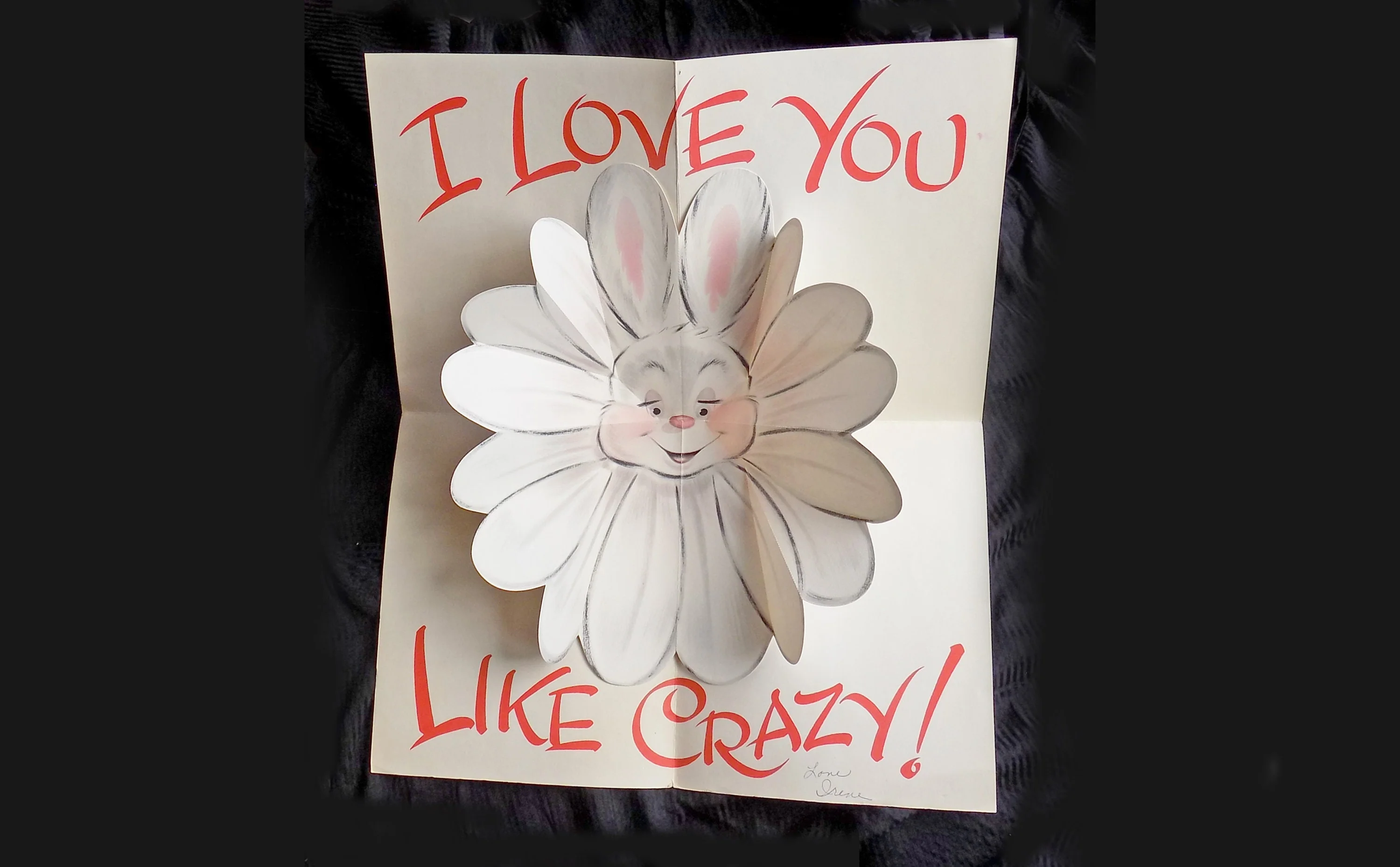 50s Giant Pop Up Valentine with Glitter Textured Bunnies Norcross Heart Love Daisy Flower Novelty 23" - Image 4