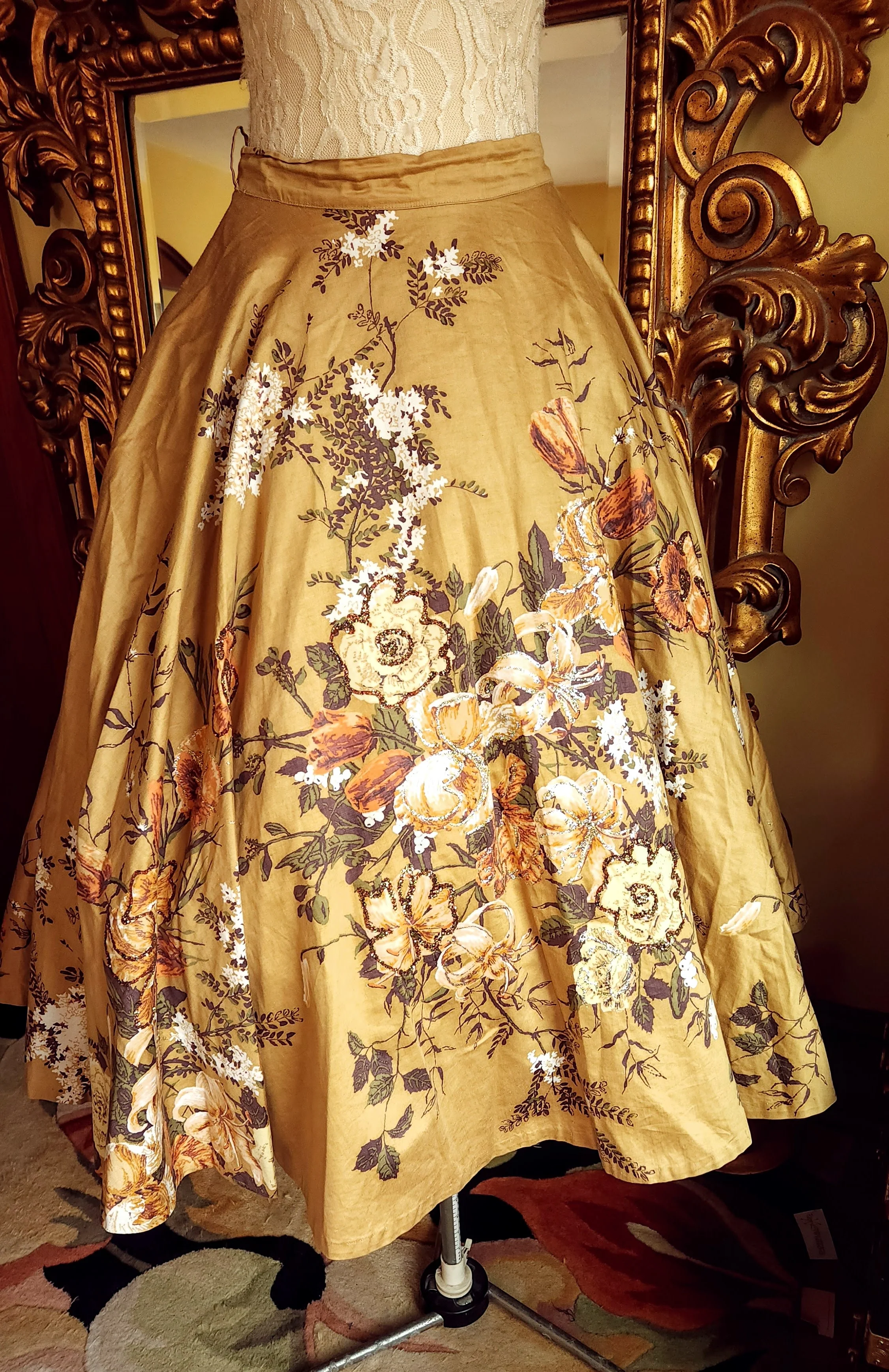 50s Gold Handpainted Glitter Floral Circle Skirt By Smart Set - Image 3