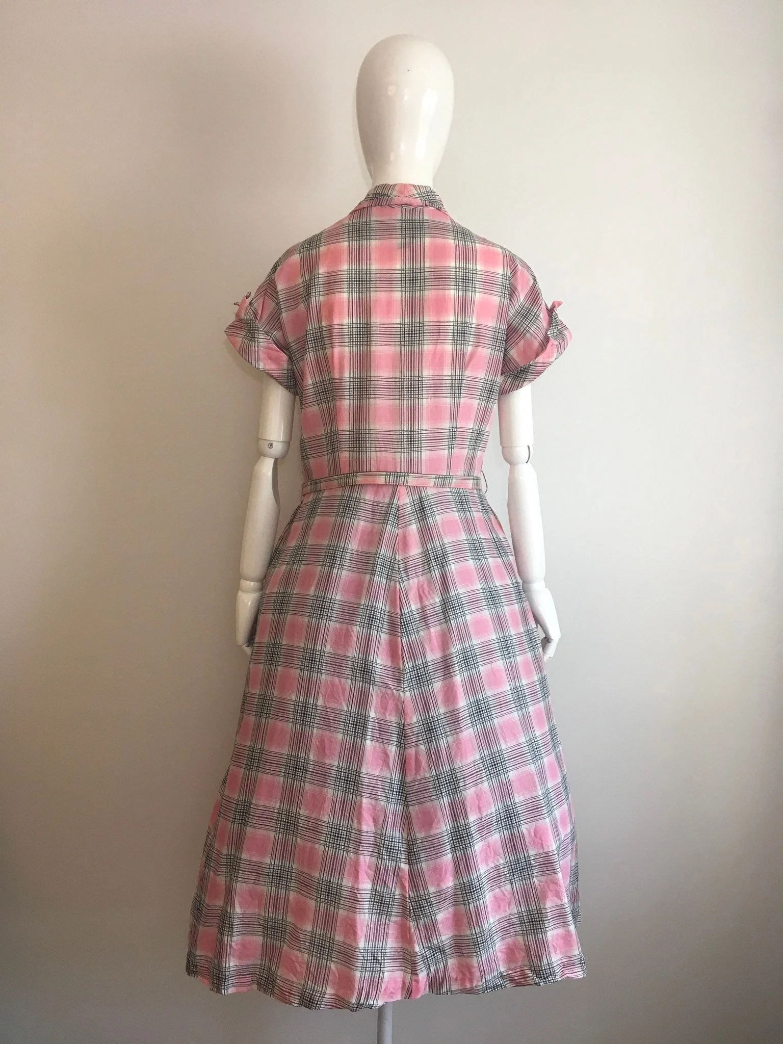 50's Gray and Pink Plaid Cotton Shirt Dress with Pockets by A Ben Art Frock - Image 2