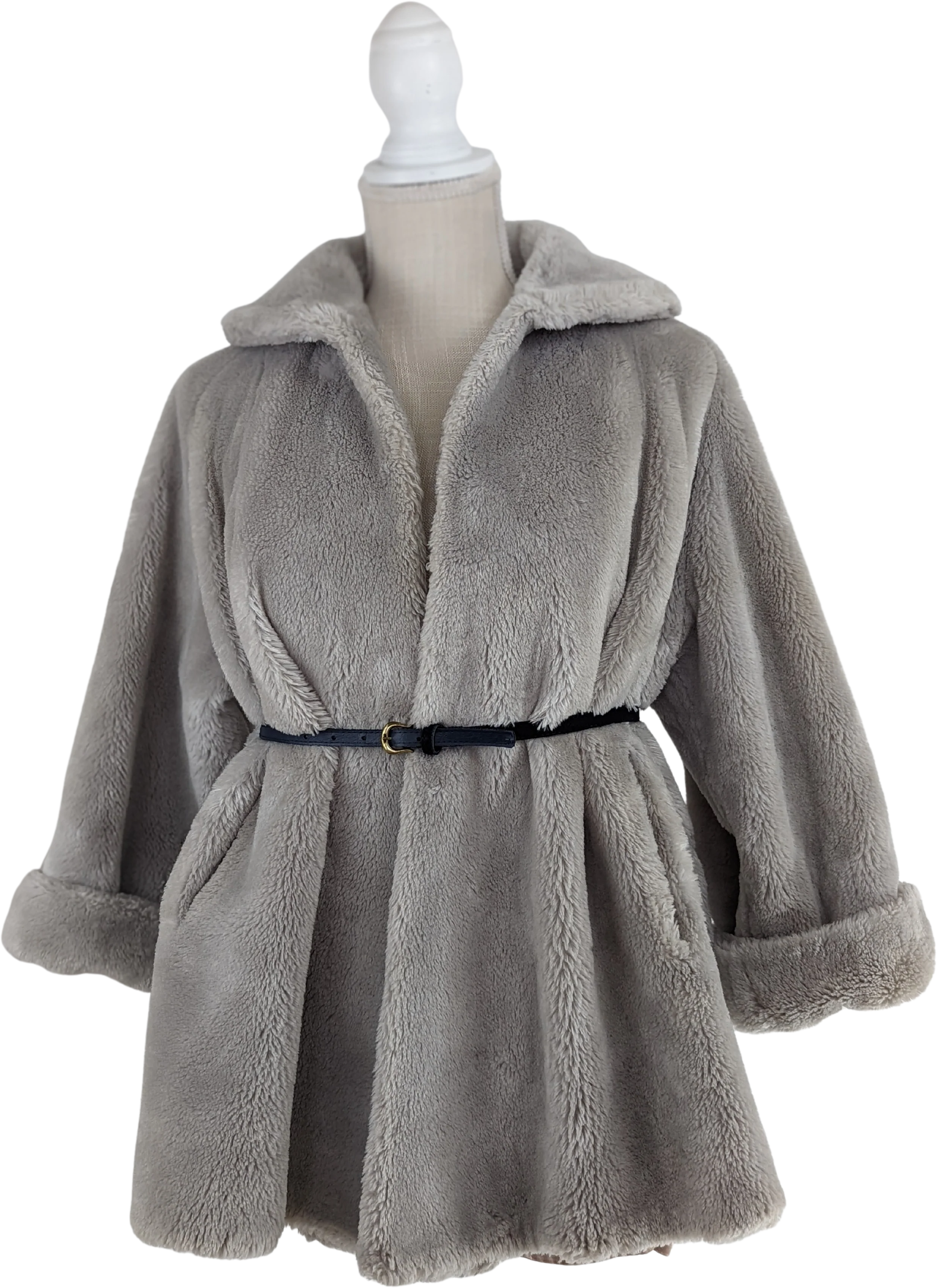 50s Gray Faux Fur Coat with Wide Collar and Pockets