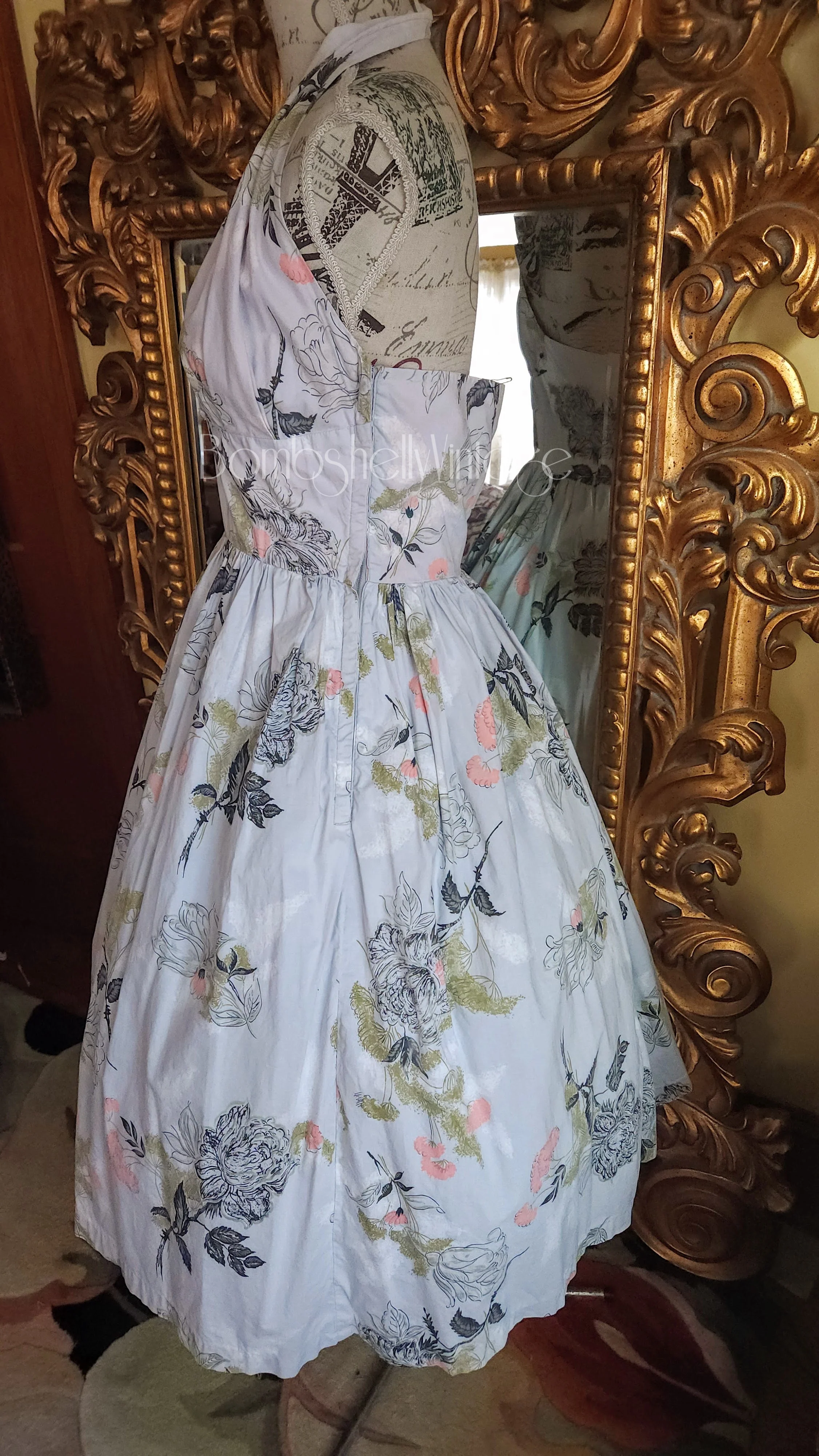 50s Gray Floral Cotton Halter Sun Dress Fit And Flare - Image 3